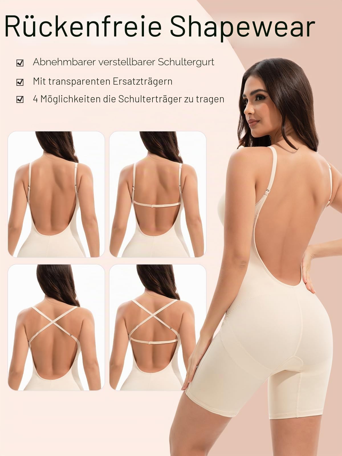 Slimers Rückenfreie Damen-Formwäsche zur Bauchkontrolle: Shapewear-Body mit tiefem Rücken, schlankmachender eingebauter BH, Ganzkörperformer