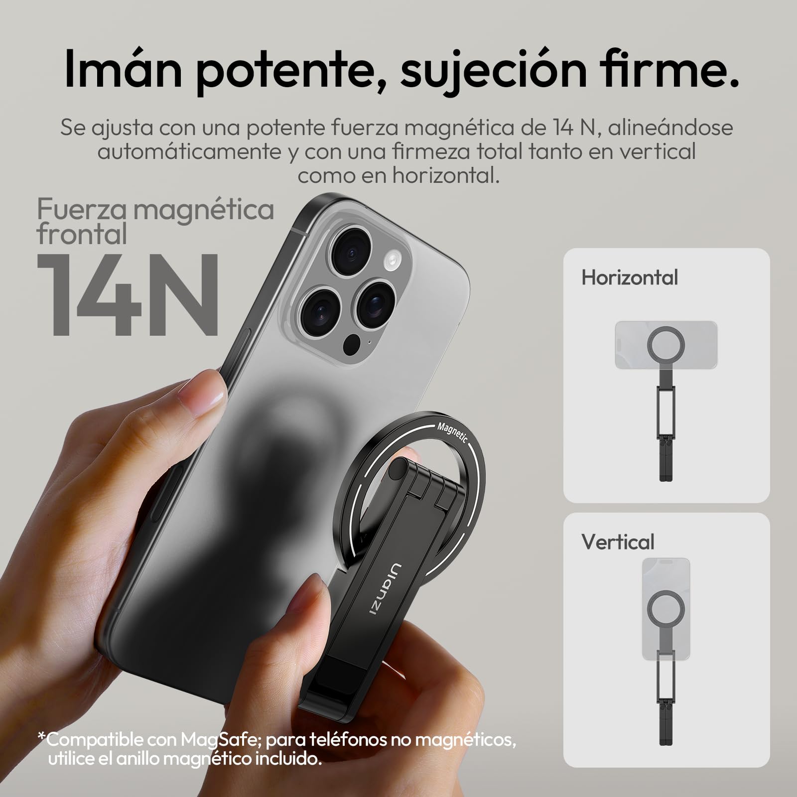 ULANZI MA60 Soporte Magnético para iPhone, Mini Trípode de Aluminio 3 en 1, Soporte Plegable para Teléfono Móvil, Imán Doble de 14N, Compatible con iPhone 17 16, 15, 14, 13, 12 Magsafe, Negro