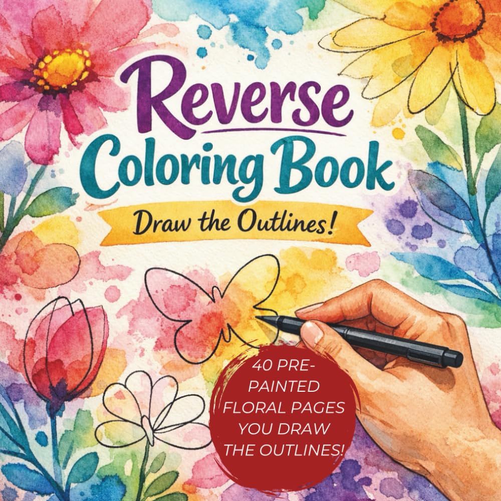 Reverse Coloring Book for Adults:Watercolor Botanicals-Draw,Doodle & Sketch Over Beautiful Floral Backgrounds ,40 Stunning Pre-Painted Flower Pages ... Book,Stress Relief Gift,no skills needed