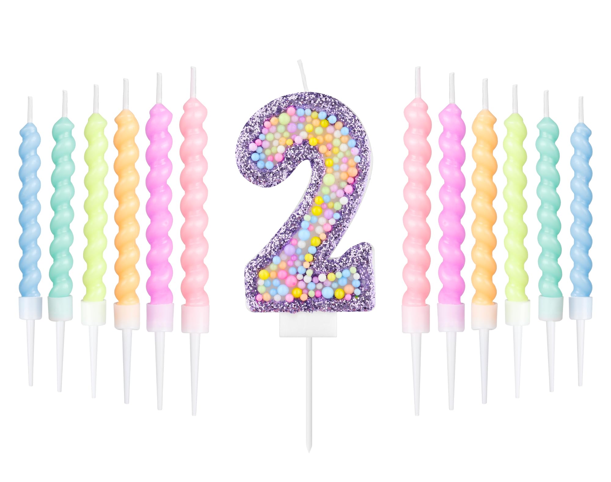 Purple Macaron 2nd Birthday Candle with 12pcs Pastel Spiral Candles Set, Girls 2nd Birthday Decorations Iridescent,Macaron Number 2 Candles for Cake,Kpop Themed Party Decoration,Baby Showers Supplies