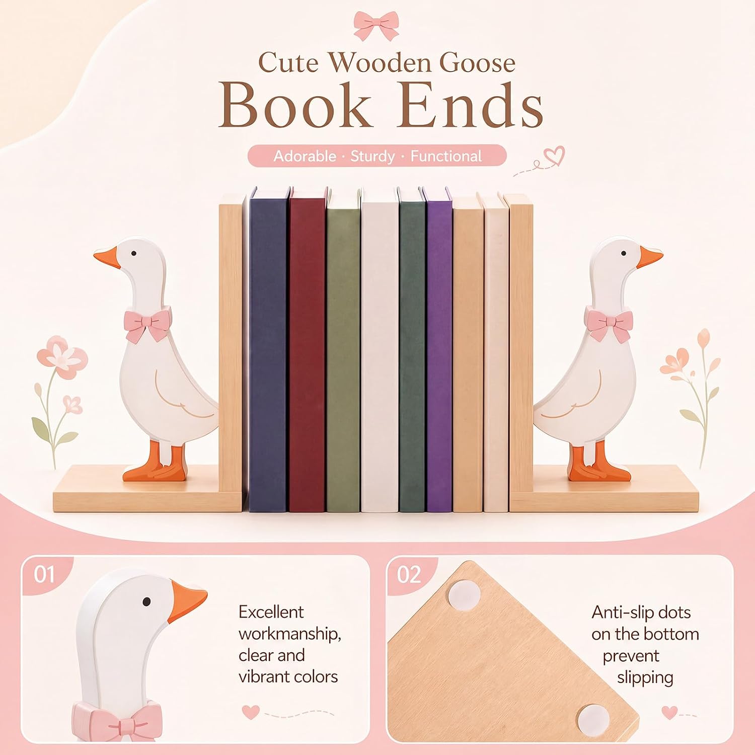 Goose Decorative Bookends Cute Wooden Book Ends Duck Bookends Animal Decorative Book Stoppers Non-Skid Heavy Duty Goose Decor for Shelves Bookshelf School Office Home Books Lovers Gift