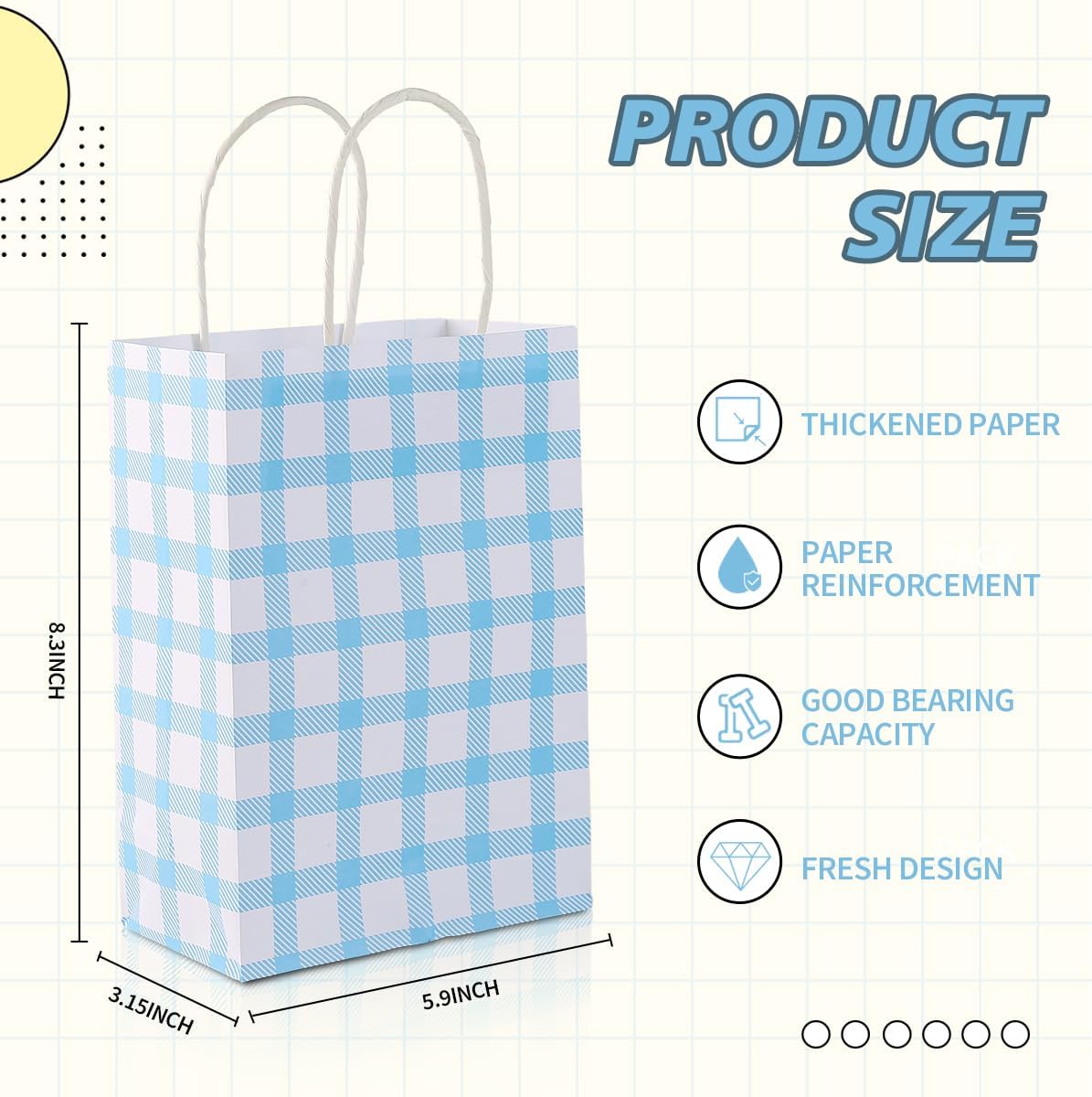 BHHQHH 24 Pcs Blue Gingham Party Supplies Gift Bags Blue Checkered Kraft Paper Goodie Bags for Party Favors Birthday Wedding - Image 2