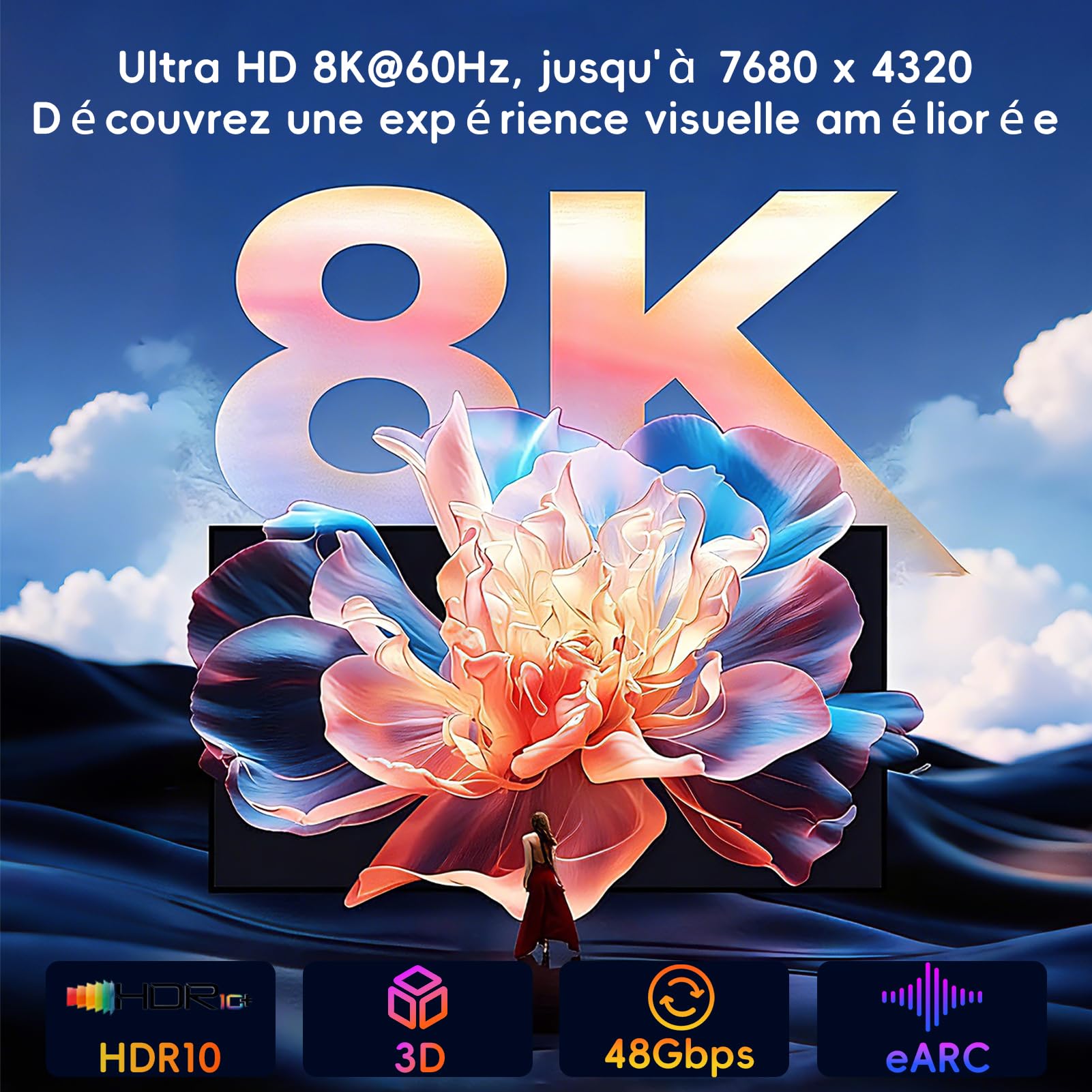 Kryoza Câble HDMI 8K 1m,Cable HDMI 2.1 8K@60Hz 4K@120Hz 7680P Ultra Haute Vitesse Supporte HDR10 3D eARC HDCP2.2&2.3,Compatible avec PS5/4 X-Box/HDTV/Blu-ray Player/Projecteur/Moniteur/PC - 2