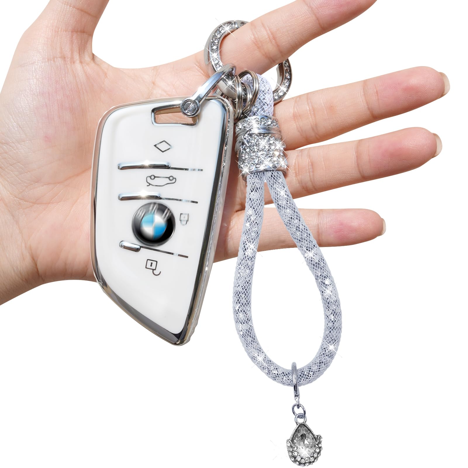 Yumzeco Car Key Case Compatible with BMW with Bling Diamonds Keychain,4 Buttons Remote Key Case for 2 3 5 7 X1 X3 X4 X5 X6 M5 Series,TPU Silicone KeyCase Cover BMW Keyless-WhiteGlobal Recycled StandardGlobal Recycled StandardGlobal Recycled Standard