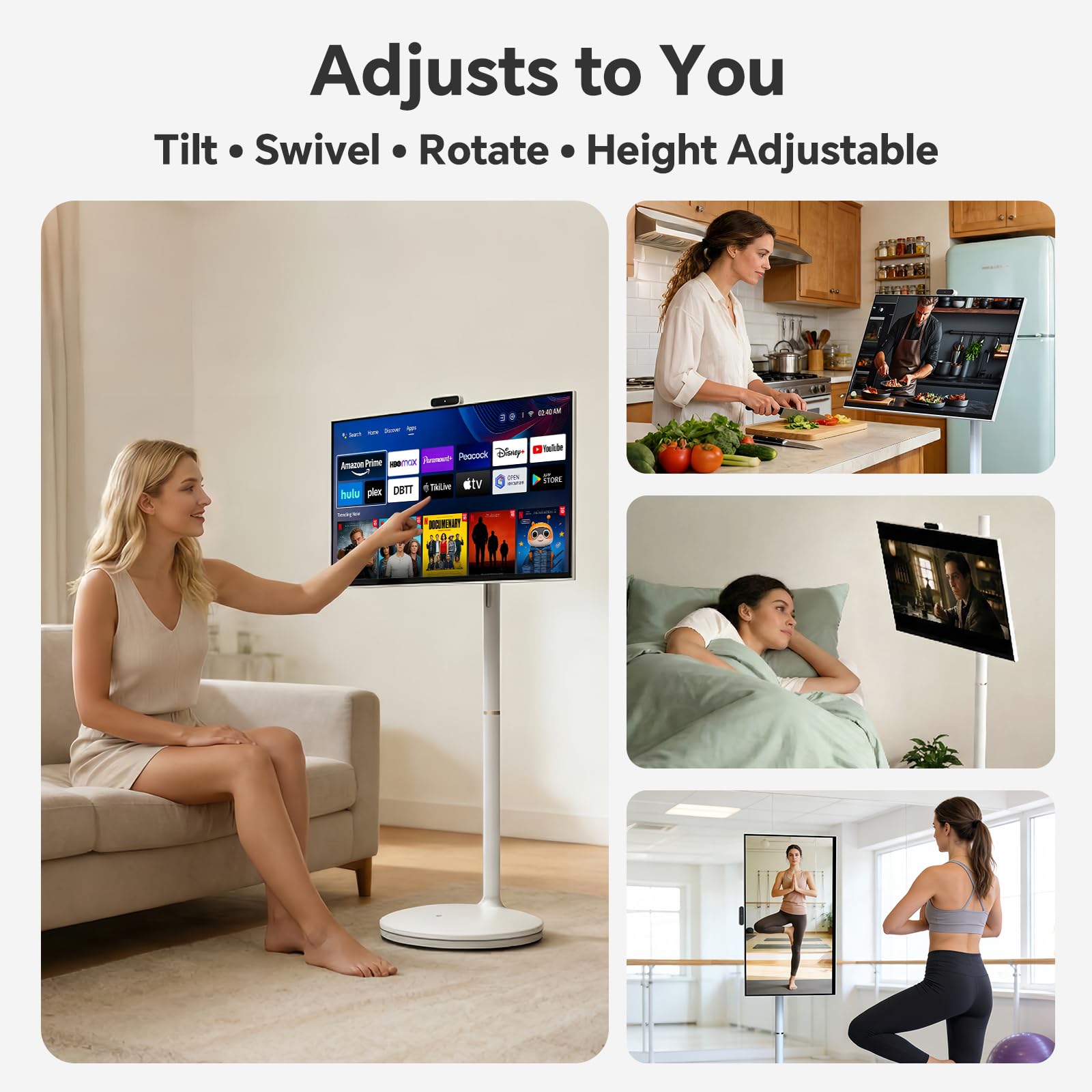 27 Inch Portable TV FHD 1080P Smart Touchscreen Monitor, Android Rolling TV with Detachable Magnetic Camera, 20W Speakers, Rechargeable Battery, Full Swivel Rotation, Built-in Voice Remote