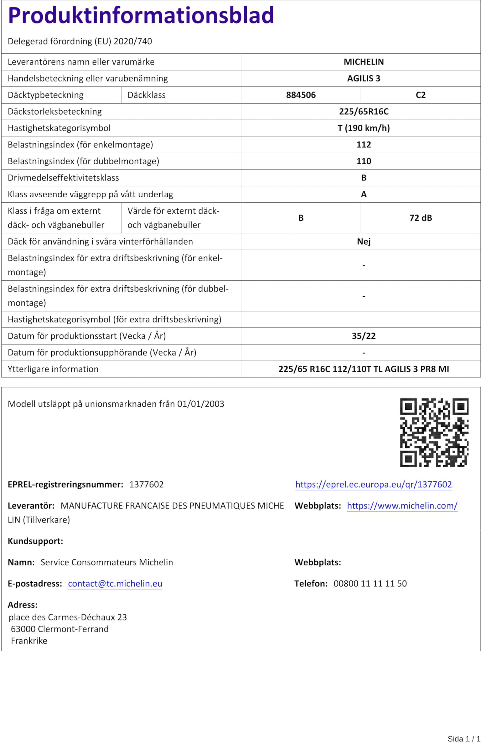 MICHELIN 225/65 R16 112/110T Pneu Été LCamion