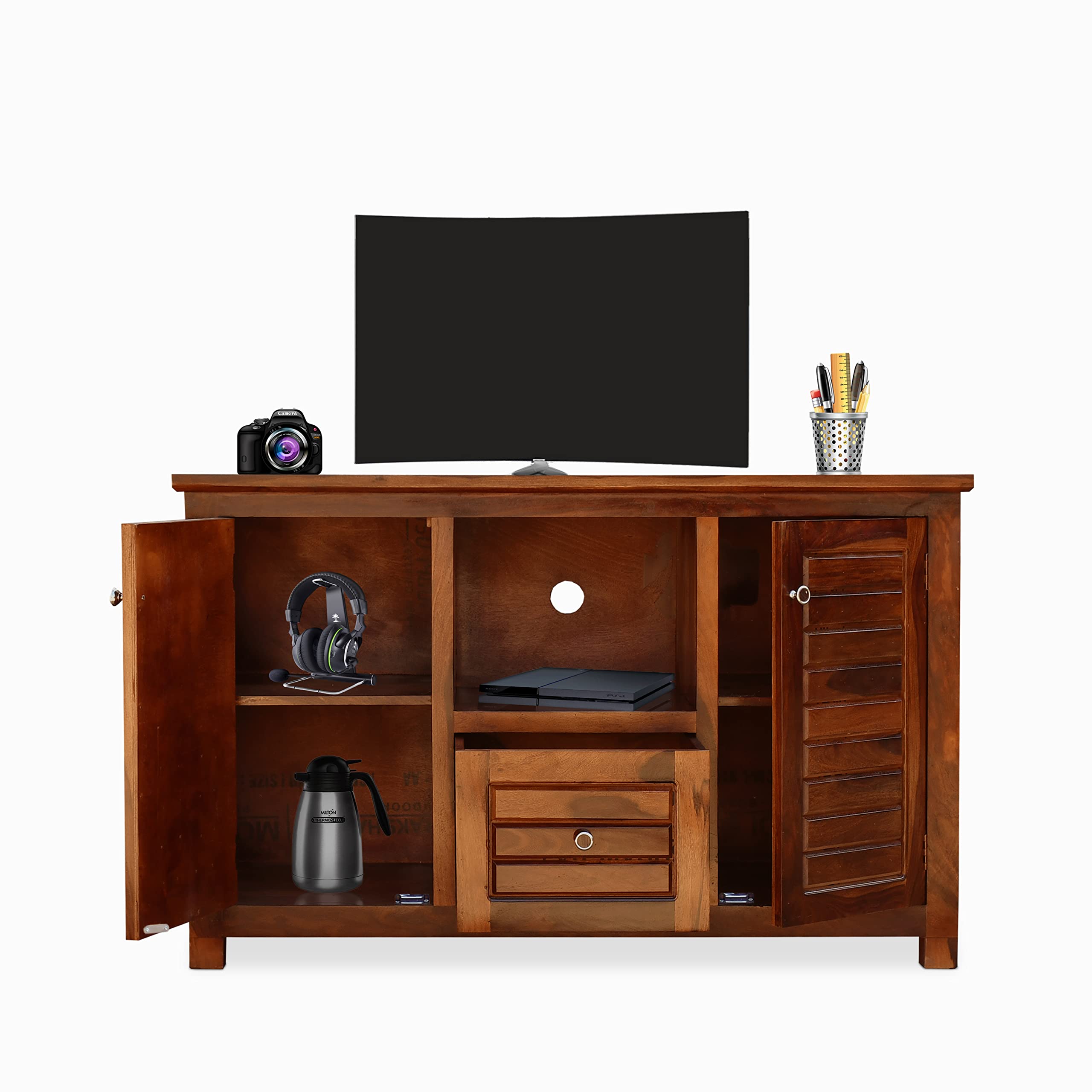 Wooden Point TV Cabinet with Two Doors & One Drawer & One Shelves Box in Sheesham (Rosewood) in Natural Honey Oak Color with Glossy Finished Polished(2) (Brown 2)-image-44