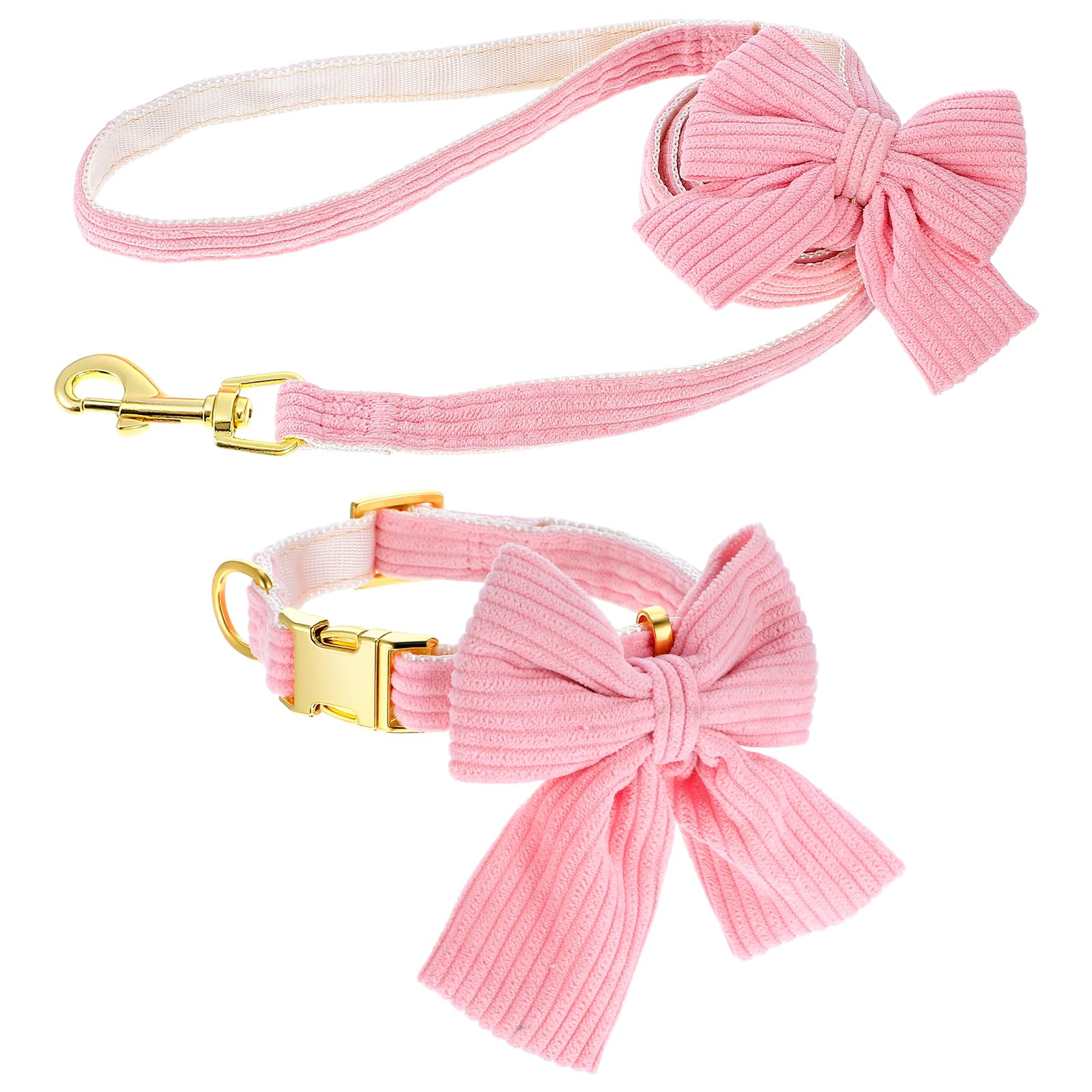 WJIAAA Dog Collar and Leash Set with Bowtie, Pink Cute Girl Dog Collars Bow Metal Buckle Adjustable Corduroy Dogs Collar 10ββ-16ββfor Small Medium Puppy Dogs with 5 FT Leash Pink S