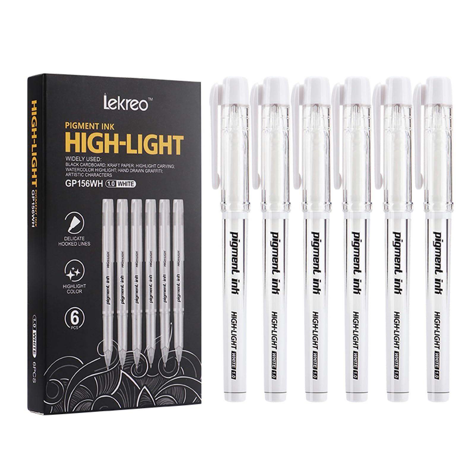 Lekreo white gel pen, 1mm nib, white pen, 6-Pack Gel Pens