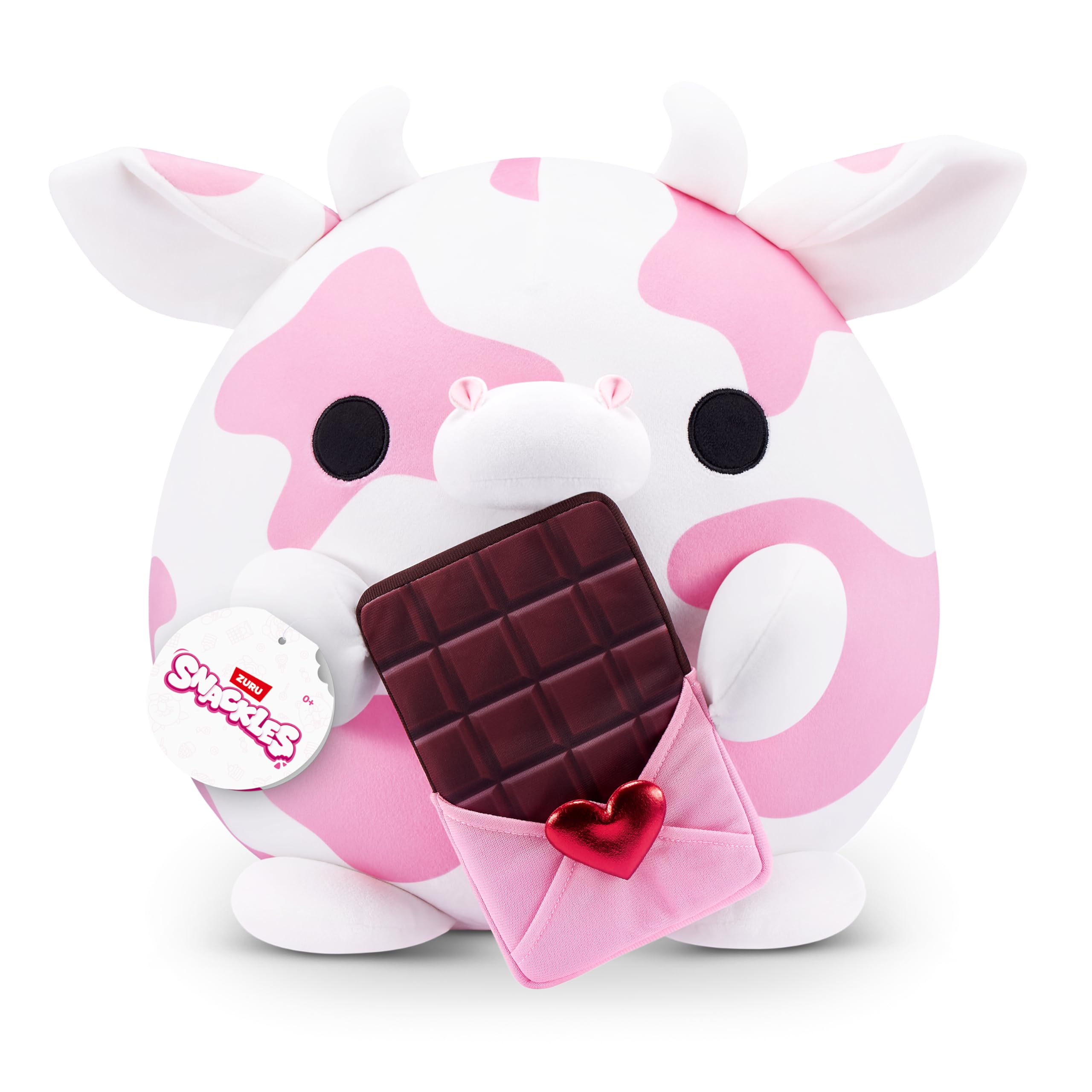 Snackles Love Edition Cow Plush Toy 35cm by ZURU – Large Soft Cuddly Stuffed Animal with Chocolate Snack Accessory, Romantic Gift for Her Him, Collectible