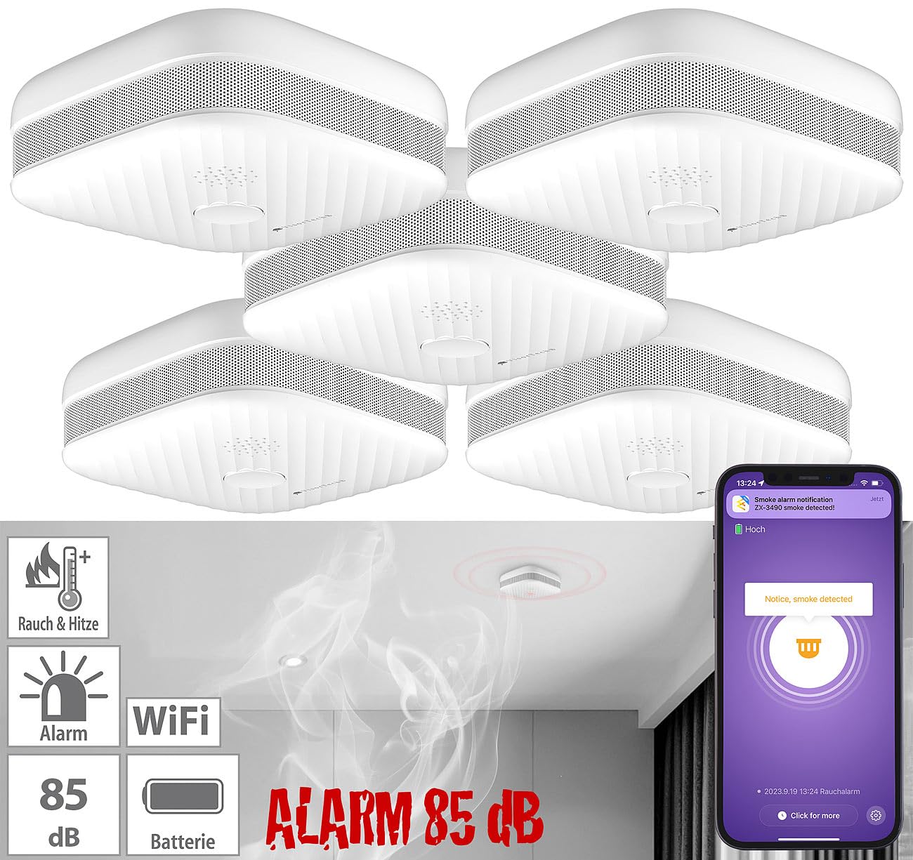 VisorTech app per rilevatore di fumo: set da 5 Rilevatore di fumo e calore WLAN, notifiche push globali, 85 dB (su cellulare, wifi per cellulare, radio)