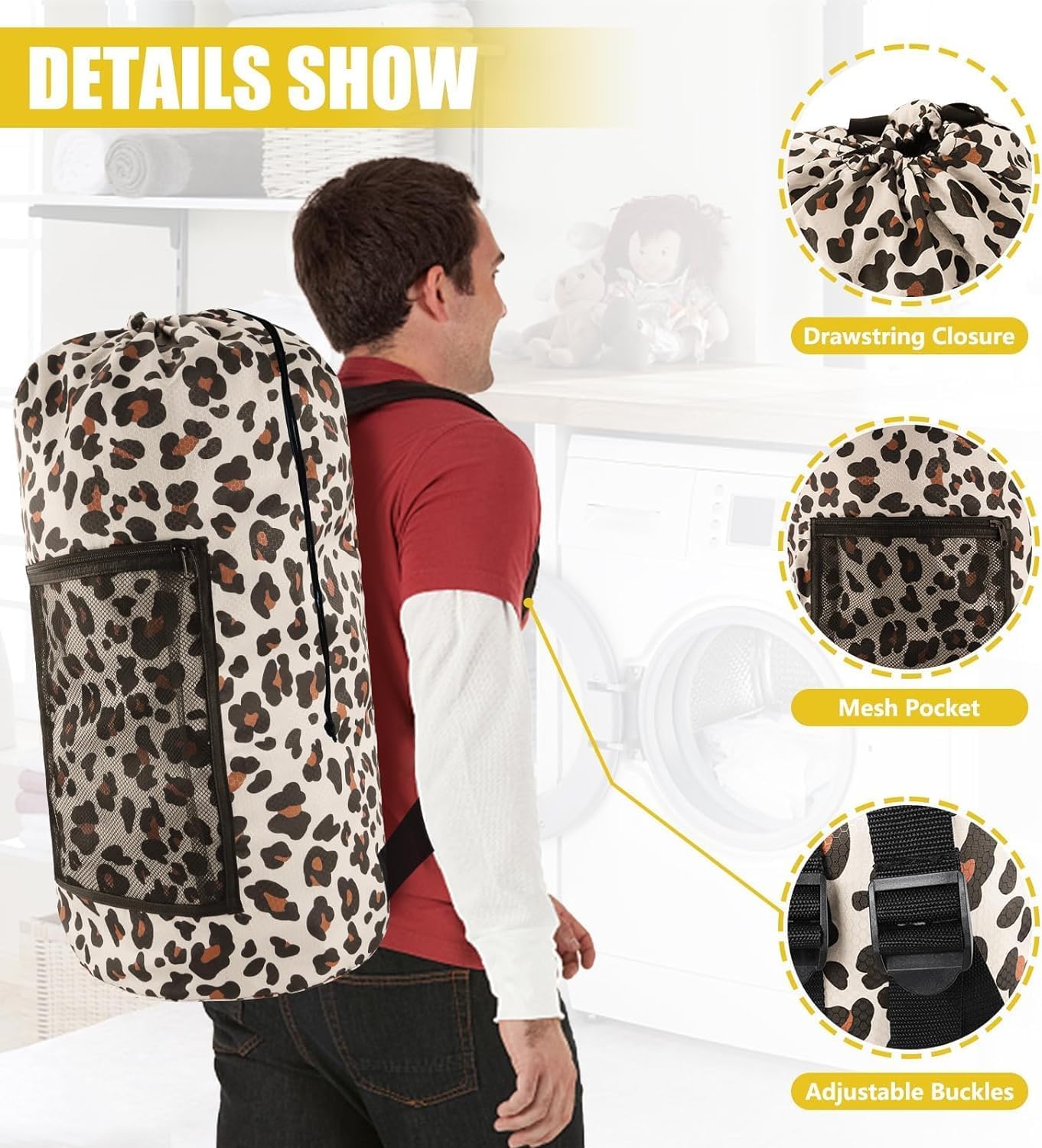 Olosar Laundry Bag Backpack, 2PCS Extra Large Travel Laundry Bag with Mesh Pocket & Adjustable Shoulder Straps,Dirty Clothes Travel Bag for College Students Dorm,Apartment(Leopard Print)