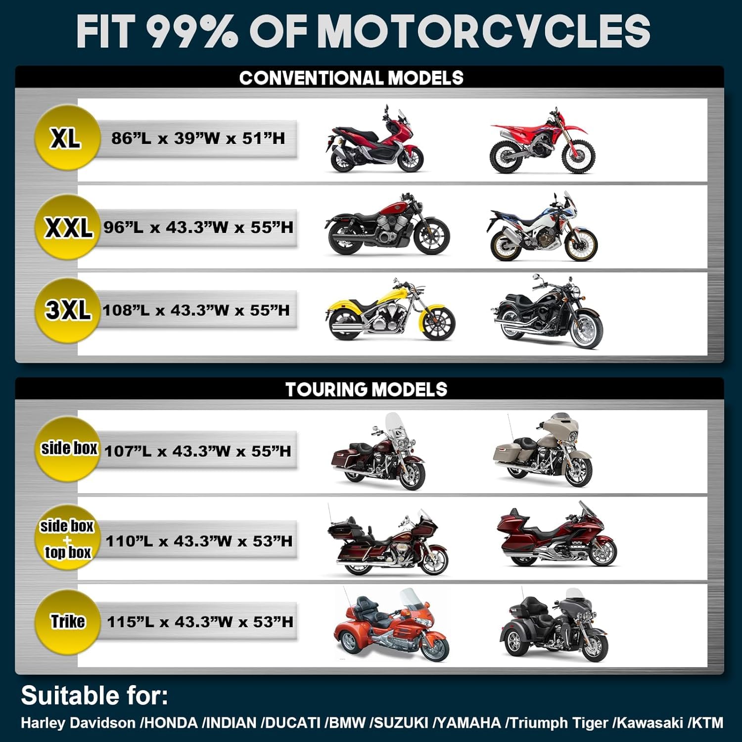 Funda para Motocicleta 600D Resistente para Todas Las Estaciones, Universal, Impermeable, protección Solar al Aire Libre, Duradera, Reflectante Nocturna y Cubierta de vehículo XXL de 96
