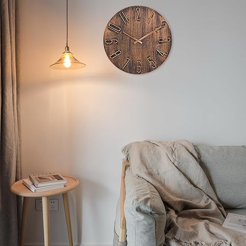 Miniatura 4 de Relojes de pared de 12 pulgadas Silencioso Estilo Vintage Reloj de pared de madera para cocina, dormitorio, oficina (bronce)