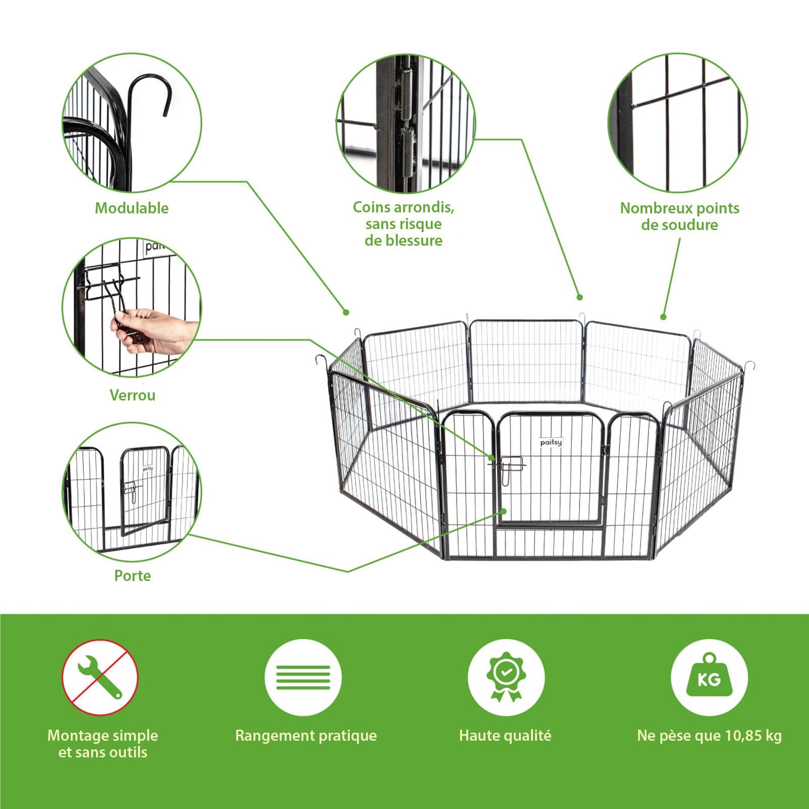 Parc Enclos pour Chien Chiot et Lapin GARDEO80x60x8, 8 Panneaux 80X60cm, 2,56M2, modulable, intérieur et extérieur, Pliable, Garantie 5 Ans