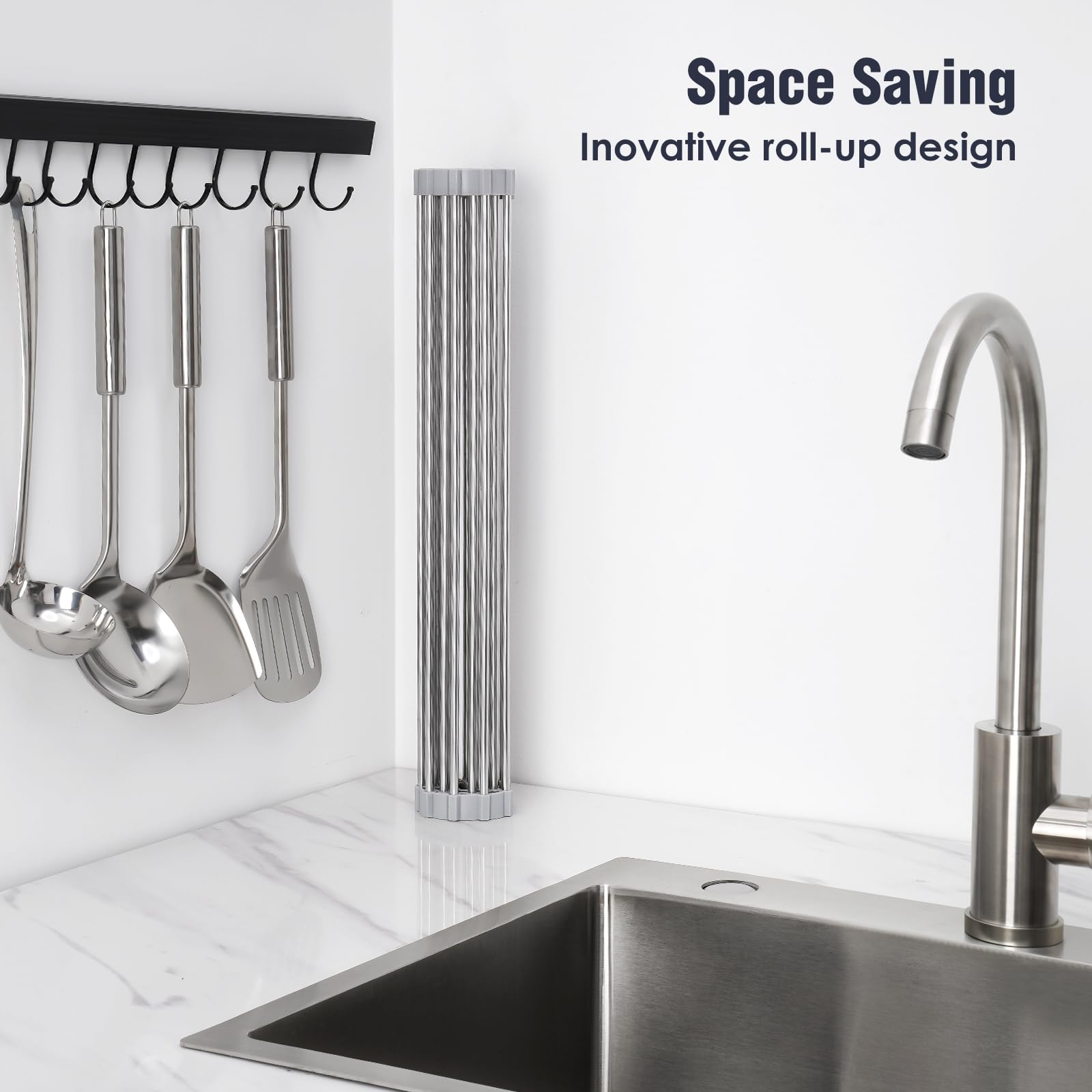 Tomorotec Roll Up Dish Drying Rack Over Sink Drying Rack Sink Cover Kitchen Sink Accessories Gadget Multipurpose Organizer Foldable Stainless Steel Drainer 45x32cm (Grey) - Image 3