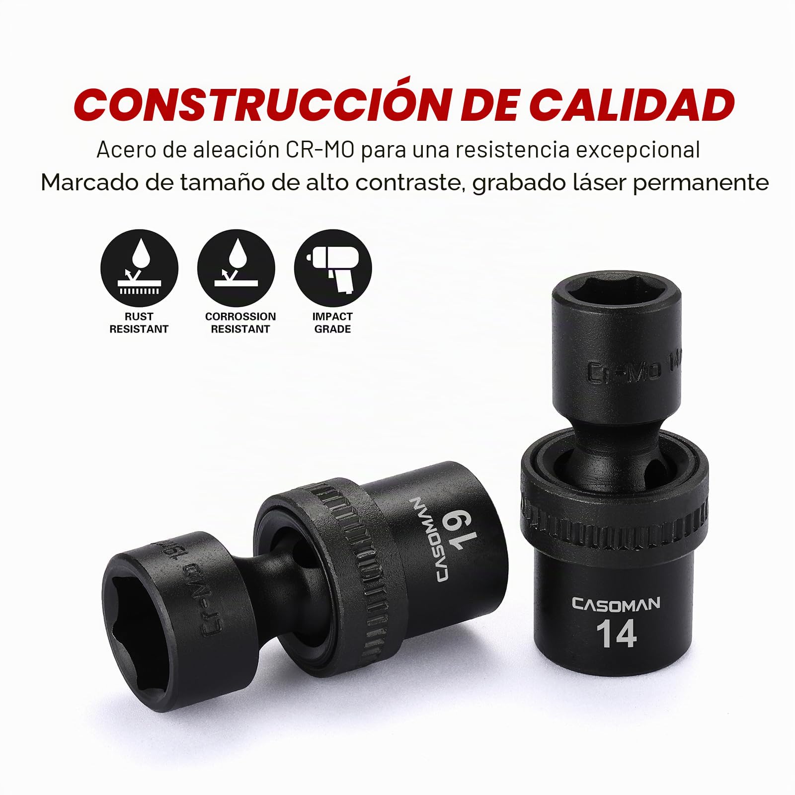 CASOMAN 15 PCS 1/2" Drive Standard Universal Impact Socket Set, 6 Point, CR-MO, Metric,10-24mm, Swivel Socket