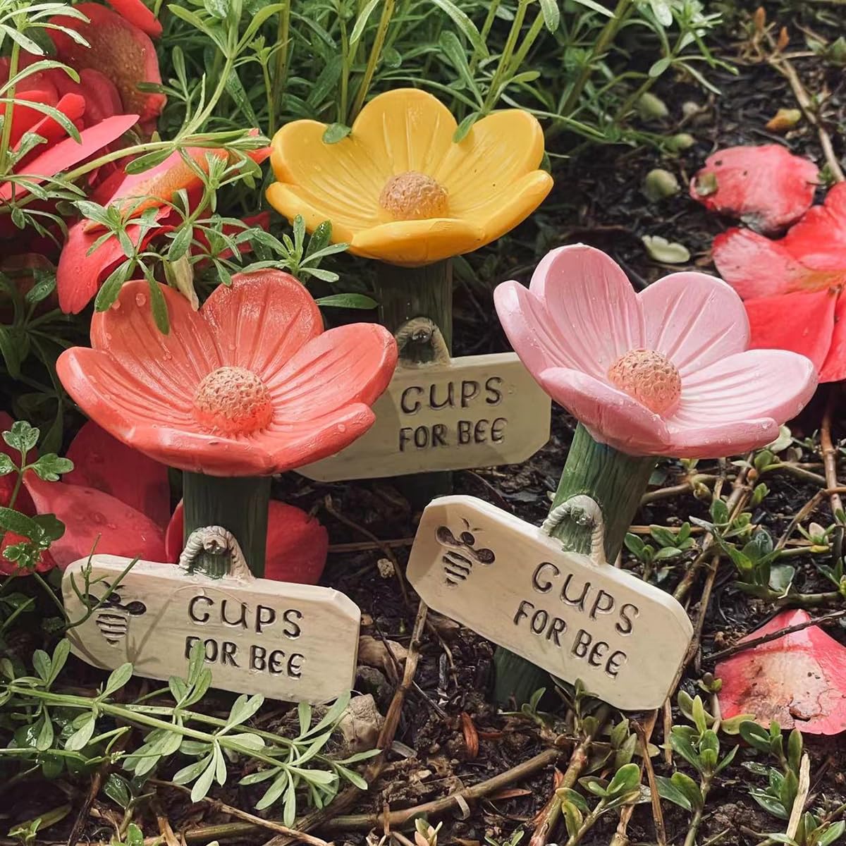 Flower Bee Waterer Bee Watering Stations with Stake Base Hygienic Thirsty Pollinators Feeder Colorful Flower Shaped Garden Pollinators Drinking Cups for Lawn Driveway Farm Patio (4PCS) - 4