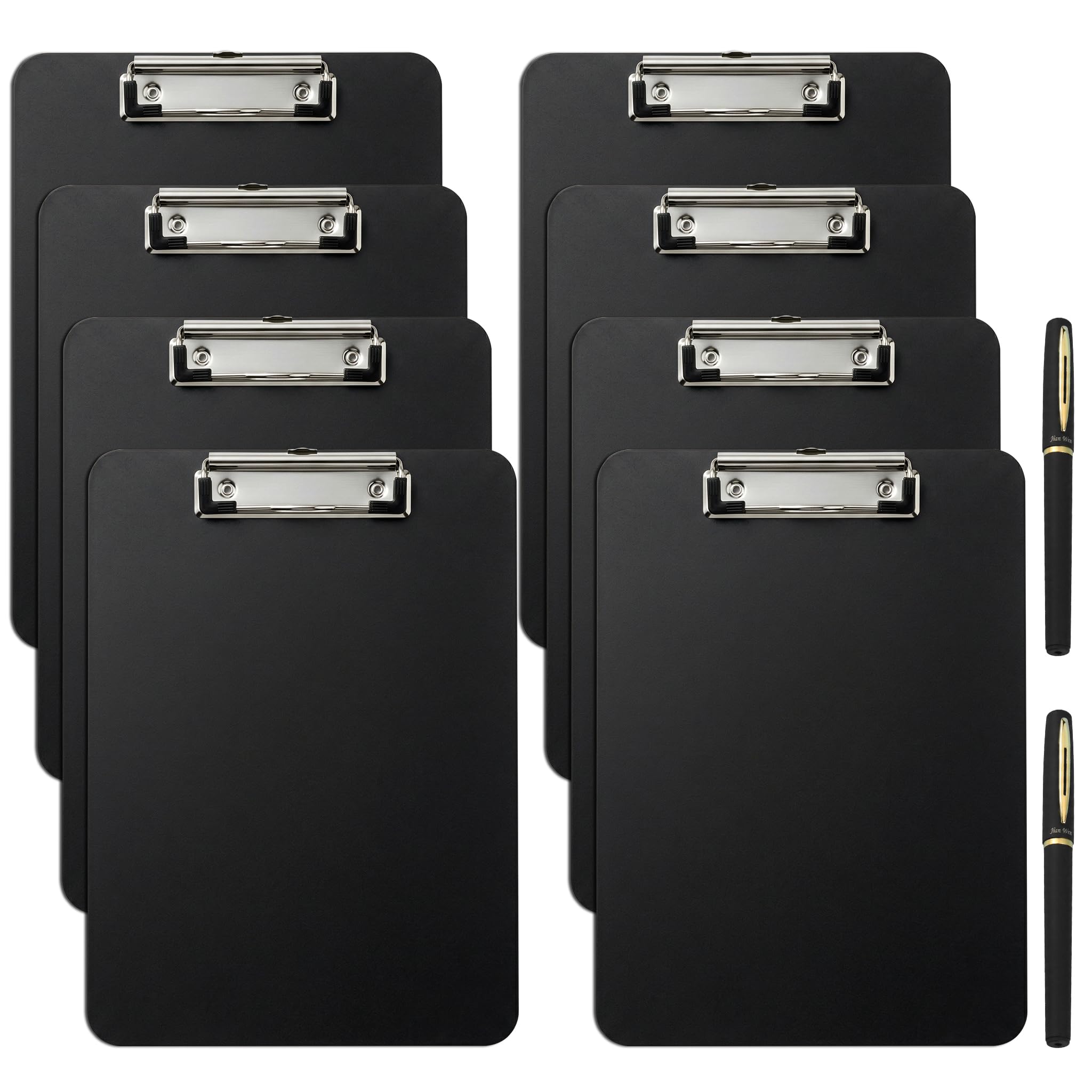 A4 Clipboards Pack of 8, Black PP Clipboards with Low Profile Clip & Retractable Hook, Large Landscape Clip Board with 2 Pens for School, Office & Exams(21.5x31.5cm)