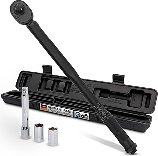 cartrend Drehmomentschlüssel, einstellbar von 40 bis 210 Nm, mit Verlängerung 120 mm und 2 Stecknüssen, 12,5 mm Vierkant-Antrieb; mit Umschaltknarre, aus gehärtetem Stahl, rutschfester Handgriff
