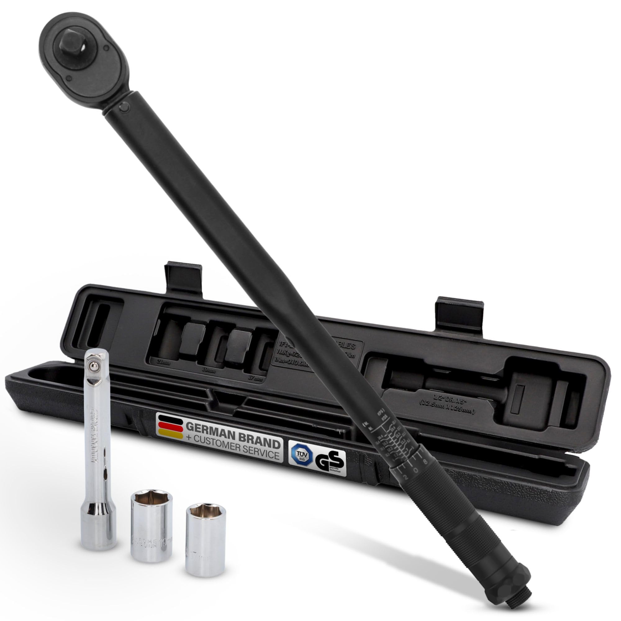 cartrend Drehmomentschlüssel, einstellbar von 40 bis 210 Nm, mit Verlängerung 120 mm und 2 Stecknüssen, 12,5 mm Vierkant-Antrieb; mit Umschaltknarre, aus gehärtetem Stahl, rutschfester Handgriff