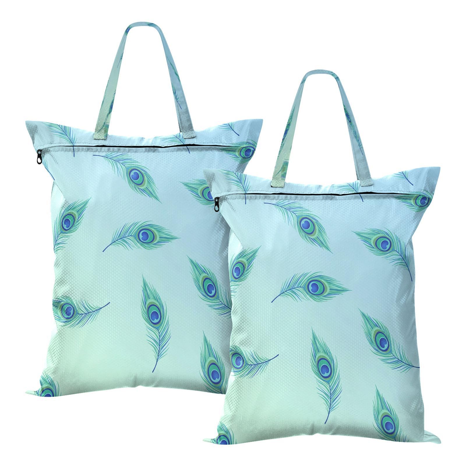 BURSTDDY 2 Pcs Travel Laundry Bag,Peacock Feathers Dirty Clothes Organizer Waterproof Wet Dry Laundry Bags with Handle for Beach,Camping,Swimming,Gym
