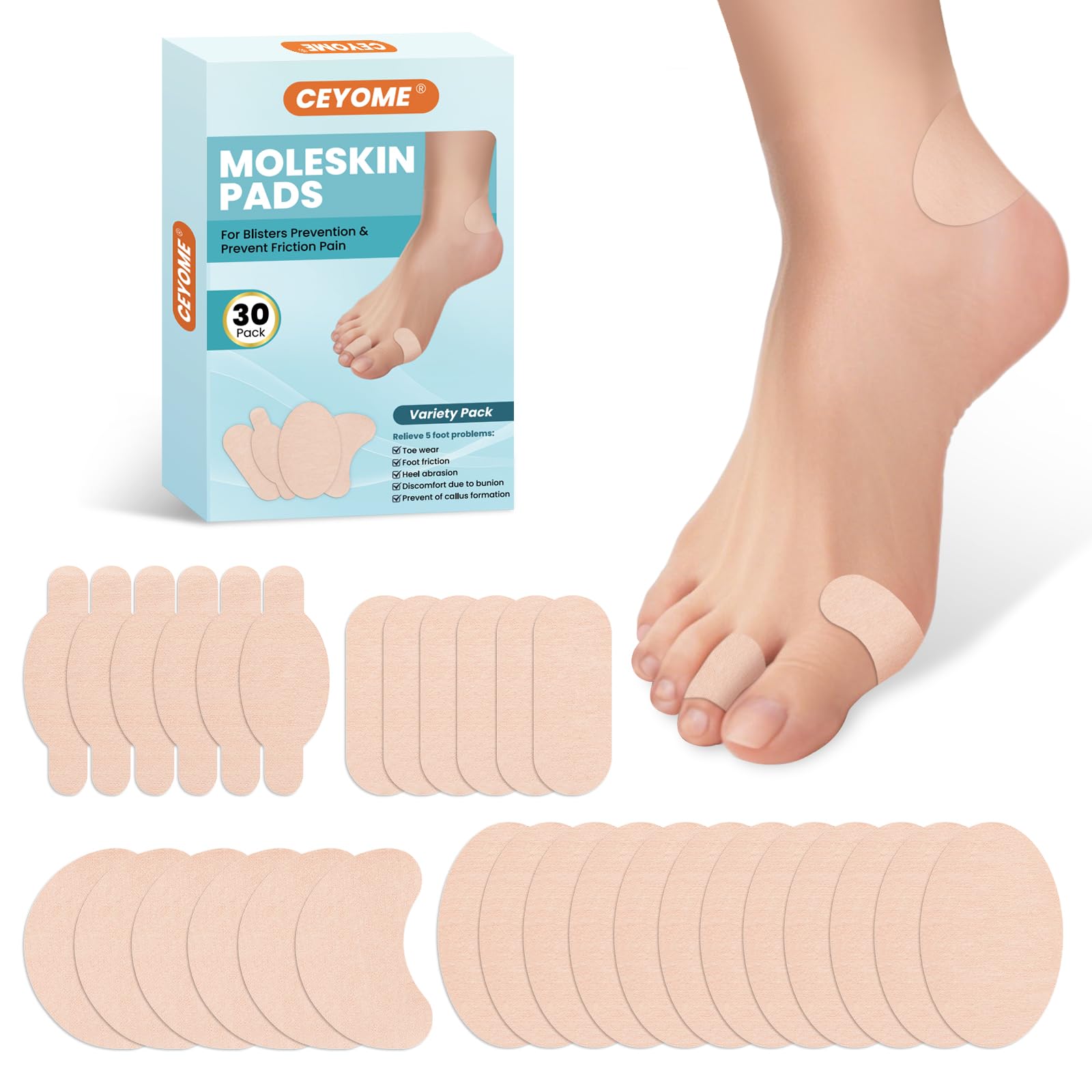 Moleskin Adhesive Pads & Blister Bandages for Feet - 30ct Moleskin Padding for Feet, Shoes, Toes, Heel - Blister Prevention Tape Patch for Walking,