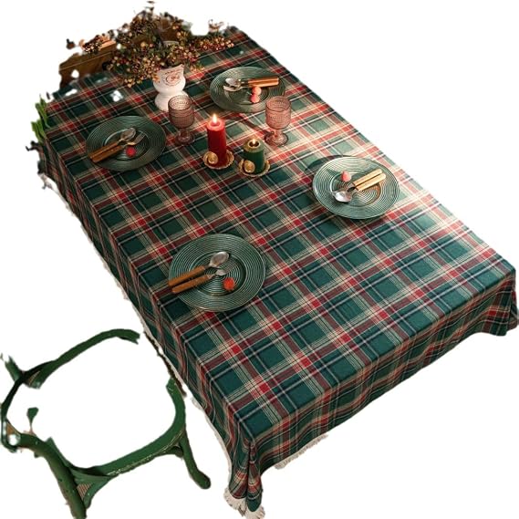 Kerio Rectangle Tablecloth Christmas Red Plaid Table Cover with Tassel for Kitchen Dinning Tabletop Decoration Green 55 X 79 in