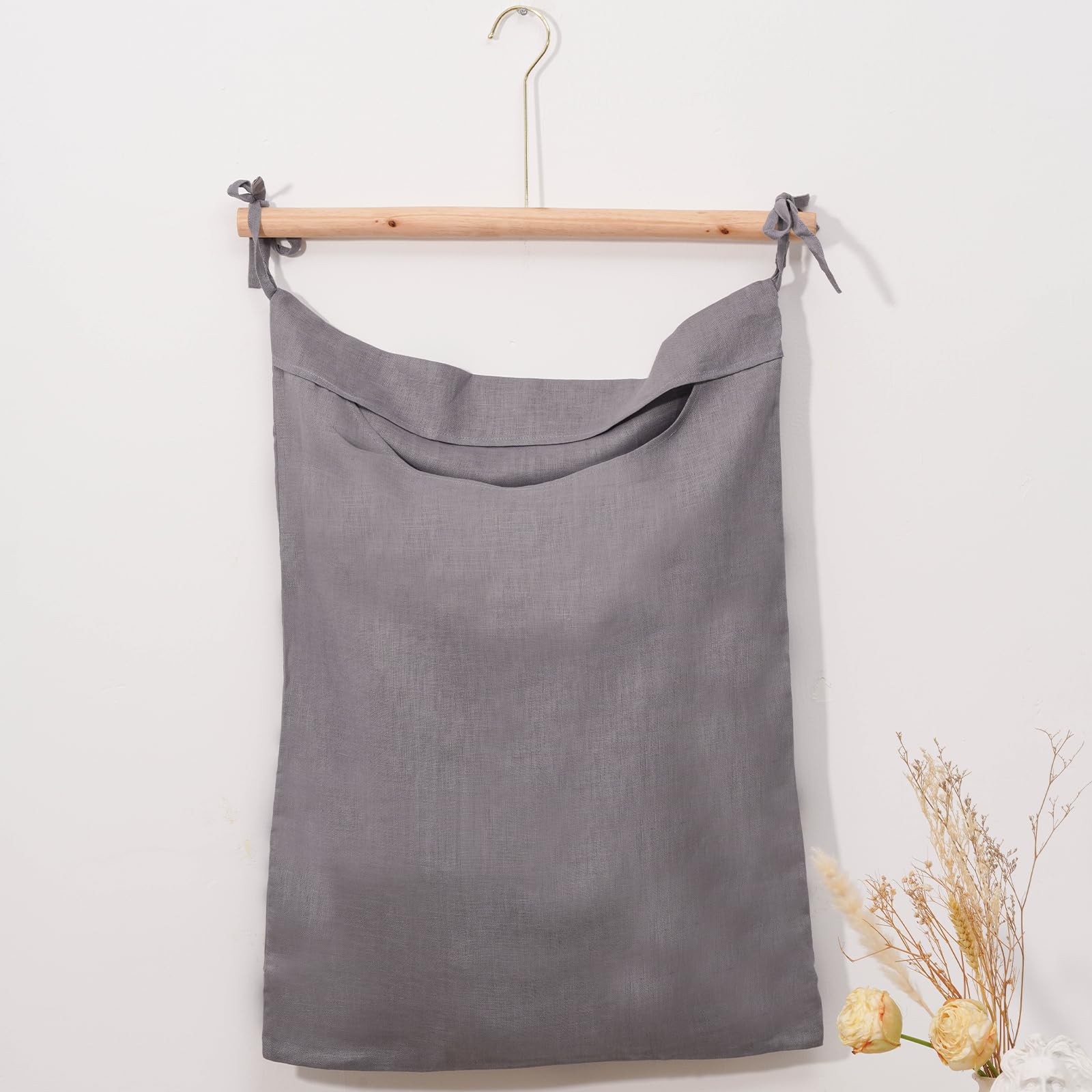 HSOFTIFY Wäschesack zum Aufhängen, 100 % reines Leinen, mit Schnur-Design und Reißverschluss, platzsparender Wäschekorb für schmutzige Kleidung, Zuhause, Reisen, Grau Küche, Haushalt & Wohnen