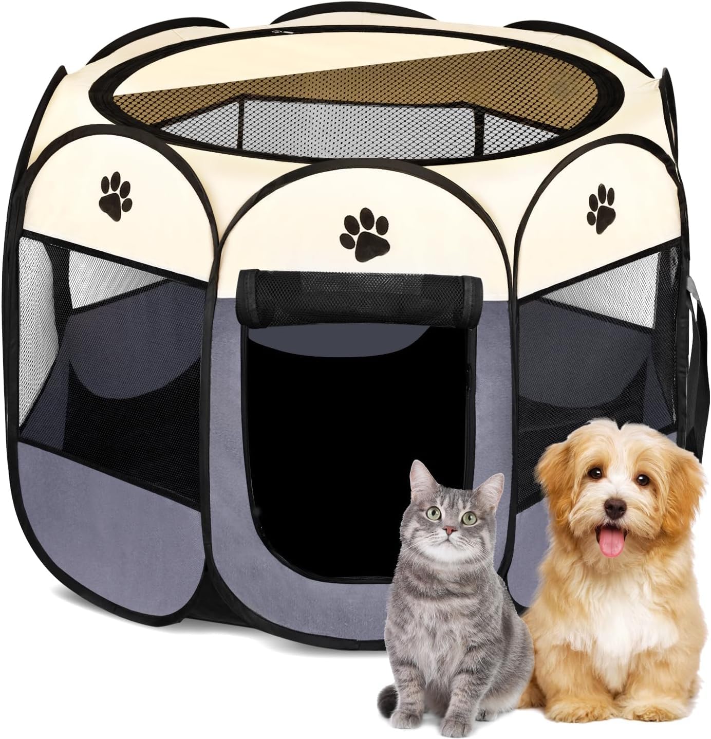 JupiterJX Pet Foldable Playpen Dog Cat Puppy Pen For Indoor Play Pen Crate, Breathable Mesh Carrier Kennel Soft Cage Tent For Medium Dogs Travel Puppies Playpens (Grey, 91x91x58 cm)