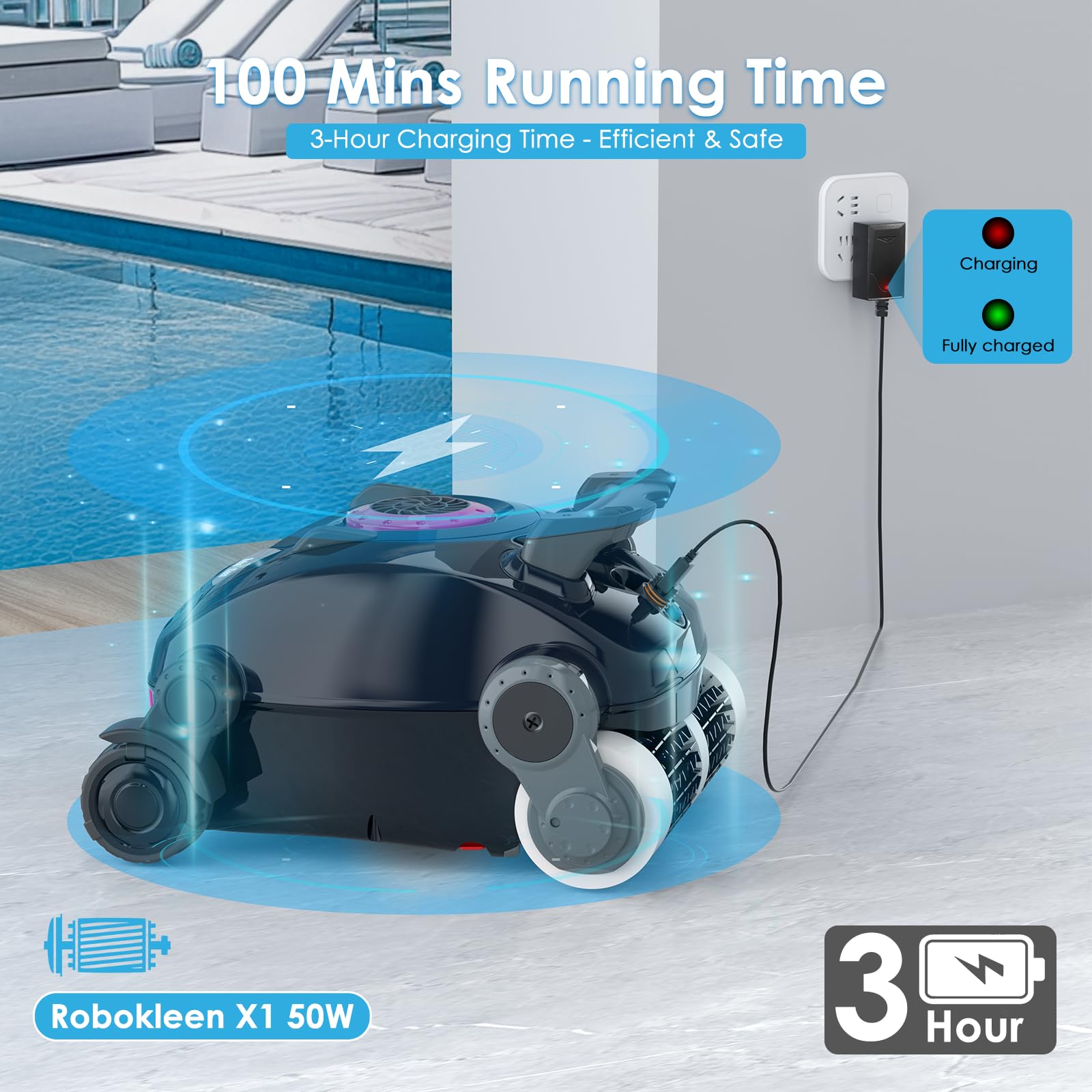 Robot nettoyeur de piscine sans fil, escalade murale, autonomie prolongée, auto-stationnement, léger, grande capacité, double moteur avancé, aspirateur automatique X1 pour piscines creusées jusqu'à