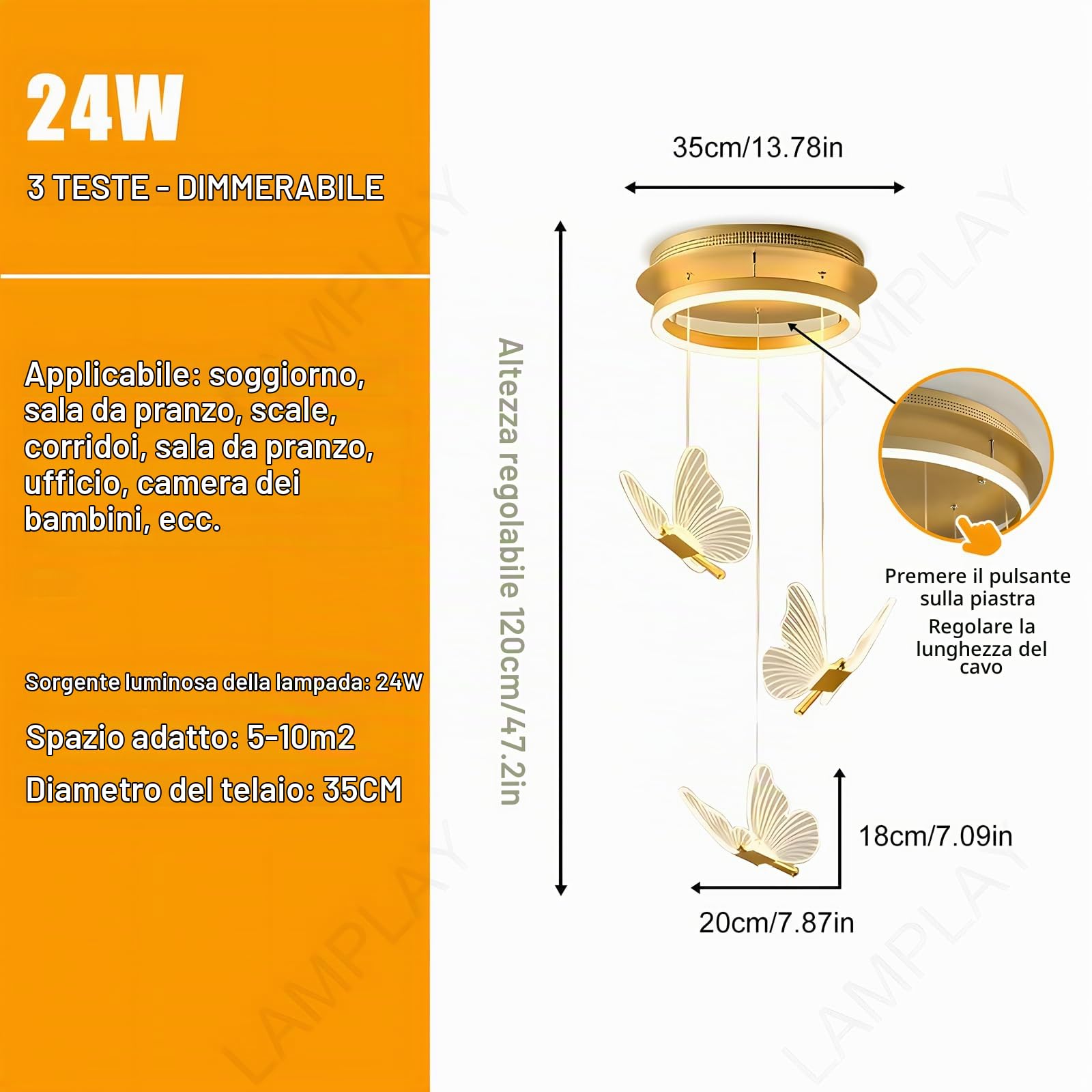 Lampadario Moderno A LED Dorato, Dimmerabile A 3 Luci A Forma Di Farfalla 3000K-6000K Con Telecomando, Lampada Da Soggiorno Regolabile In Altezza, Per Corridoio Sala Da Pranzo Scale Villa