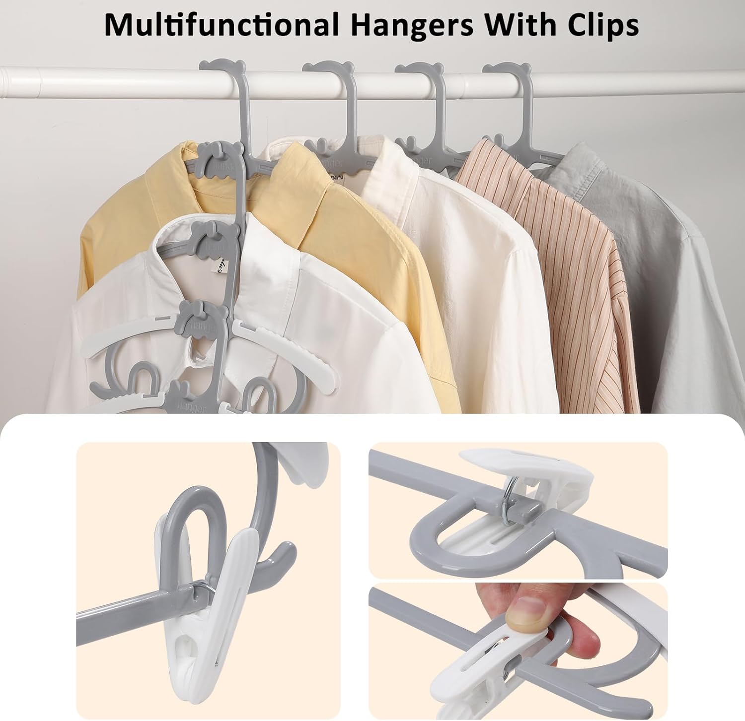 50 Pack Plastic Hangers with 16 Clips, 11-15 inch Adjustable Clothes Hanger, Durable & Non-Slip, Space Saving Coat Hangers for Pants, Jackets and Dress (Grey)