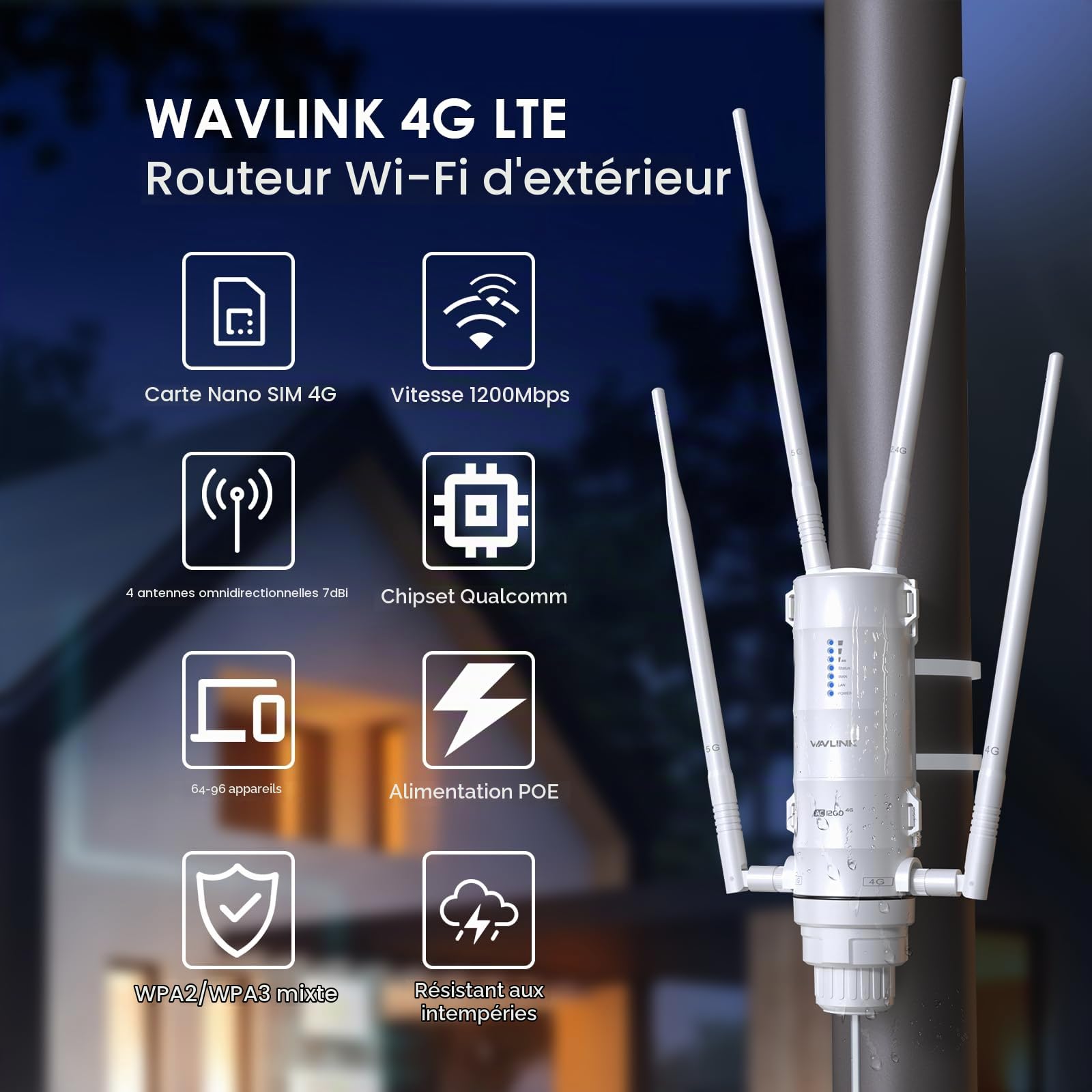 Répéteur WiFi Extérieur Puissant Wavlink AC1200-4G LTE Double Bande Haute Puissance avec Antenne Longue Portée et Slot Carte SIM - Amplificateur Outdoor PoE pour Couverture Étendue