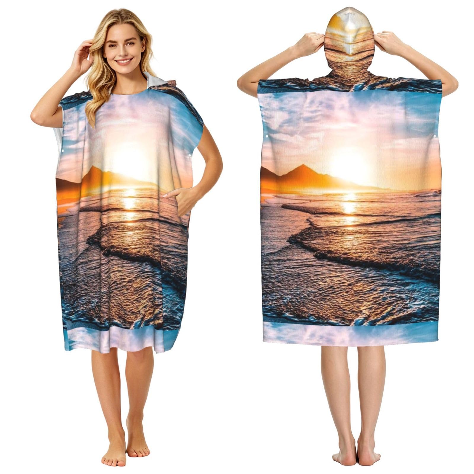 Poadnly Sea Beach Sunset, Adult Hooded Beach Towel 90 x 110 cm,Changing Bath Robe, Surf Poncho Towel For Women Men