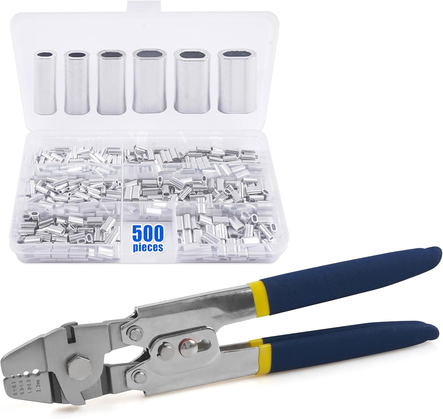 FUSIGO Fishing Crimping Tool Kit, Crimping Pliers with 500pcs Aluminum Crimp Sleeves Set Wire Rope Fishing Line Crimping Kit