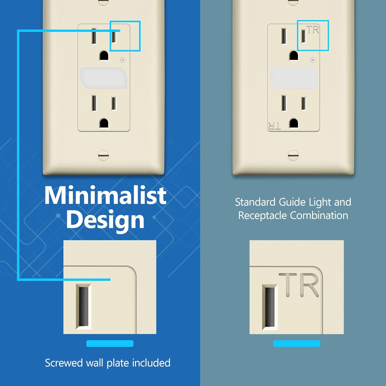 LIDER LED Guide Light Receptacle with Automatic Daylight Sensor and Wall Plate, Night Light Decorator Wall Outlet, 125VAC/15A Tamper-Resistant Receptacle,UL Listed, Light Almond, 2-Pack