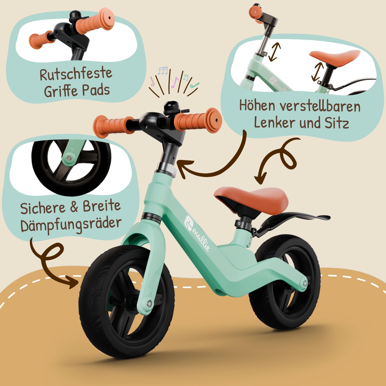 Mallie® sicheres Kinder Laufrad ab 2 Jahre I Inkl. Klingel & Spritzschutz I Lenker und Sitz Verstellbar - Laufräder, Laufrad ab 3 Jahre, 4 Jahre Balance Bike I Weihnachten