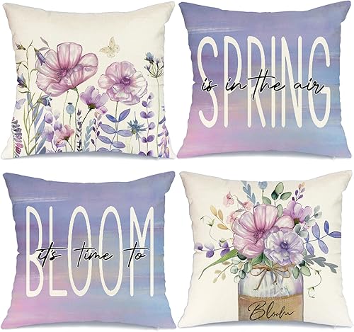 GEEORY Juego de 4 fundas de almohada de 18 x 18 pulgadas, diseño de flores en tarro de masón, hojas de eucalipto, mariposas, almohadas decorativas,