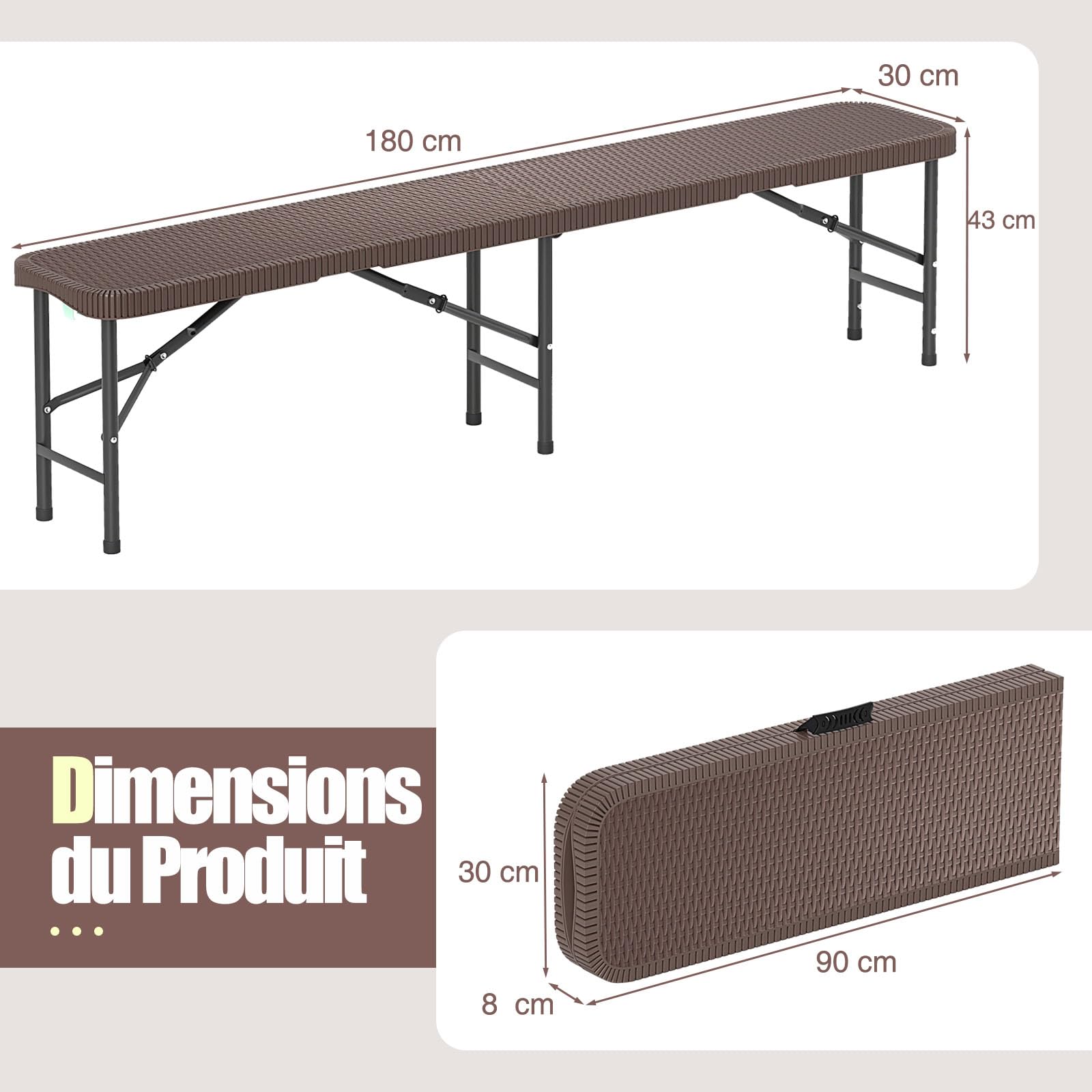 COSTWAY Banc Exterieur Jardin Pliable en HDPE pour 3 Personnes | Charge 300 kg, Banc de Jardin, Verrouillage de Sécurité, Poignée, Banquette pour Piscine Camping Fête (Café)