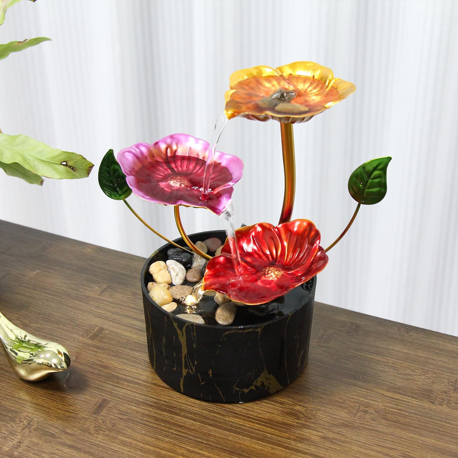 Desk Fountain Indoor Waterfall Fountain Flowers Themed 3-Tier Tabletop Fountain Home Decor Soothing Sound Machine(Galsang)