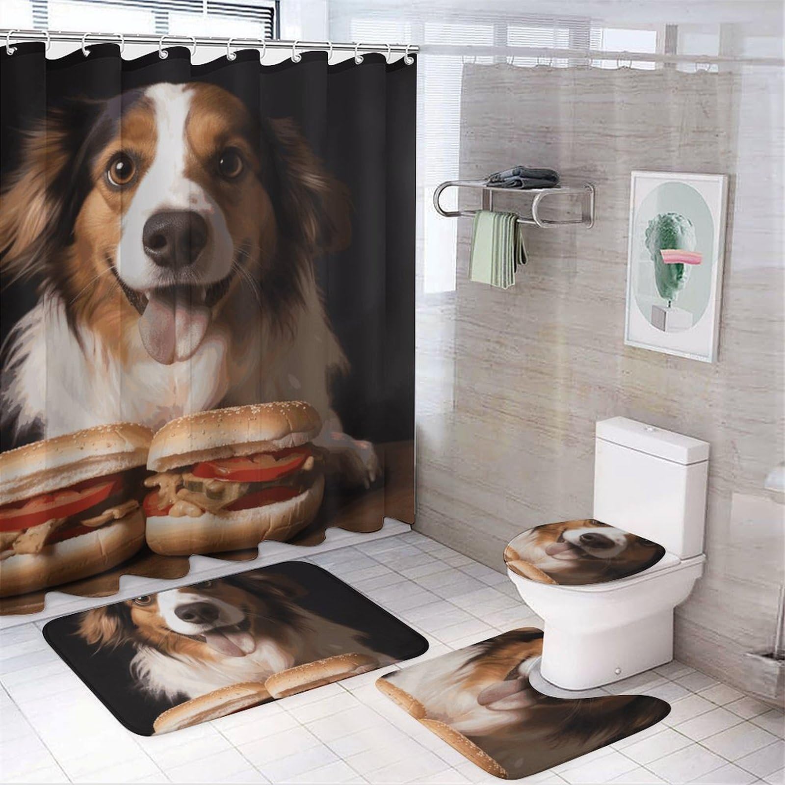 Rideau de douche anti-éclaboussures et tapis de sol anti-dérapant pour salle de bain humour chien