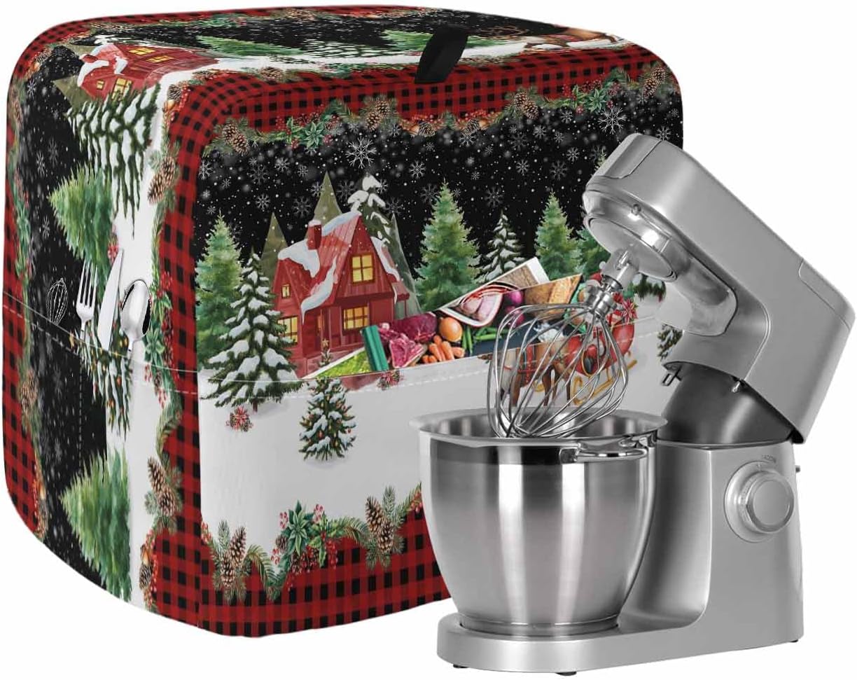Stand Mixer Cover with Storage Pocket,Christmas Tree Waterproof Kitchen Mixer Covers,Santa Claus Reindeer Forest Buffalo Plaid Brown Wood Kitchen Appliance Dust Cover Compatible with4/4.5 Quart Mixers