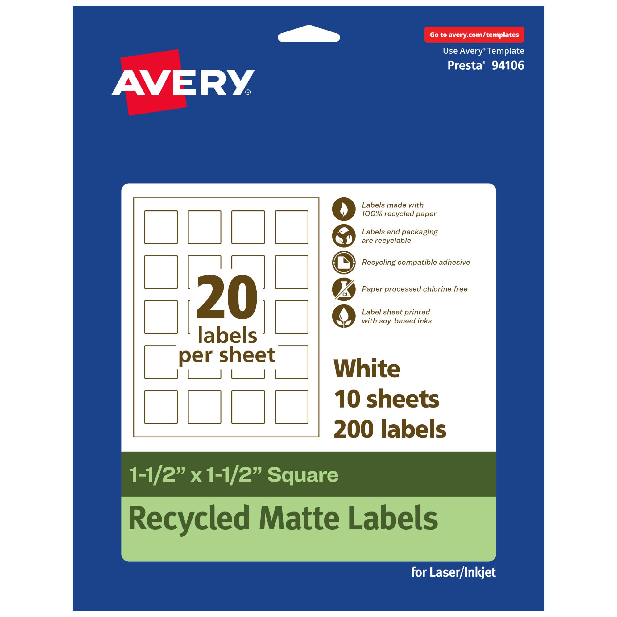 Avery EcoFriendly Matte White Recycled Square Labels, 1.5" x 1.5", Print-to-The-Edge, Matte White Labels, Permanent Adhesive, Laser/Inkjet Printable,