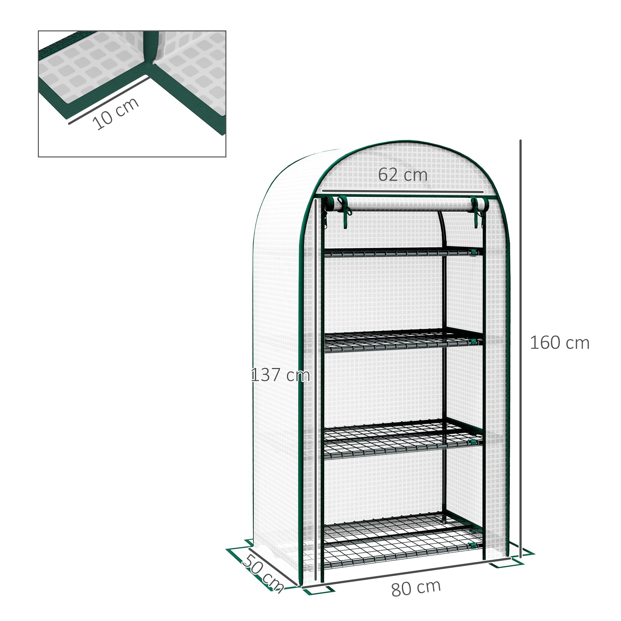Outsunny Serra da Balcone a 4 Ripiani con Porta Avvolgibile, Serra per Orto con Struttura in Acciaio e Copertura PE, per Piante Orto Verdure Fiori Frutta, Anti UV, 80x50x160 cm, Bianco