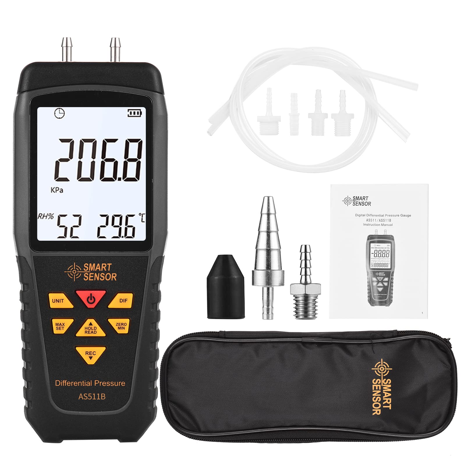 AS511B Digitales Differenzdruckmessgerät -206,8~206,8 KPA Manometer Luftgasdruckprüfgerät mit zwei Anschlüssen und LCD-Display mit Hintergrundbeleuchtung