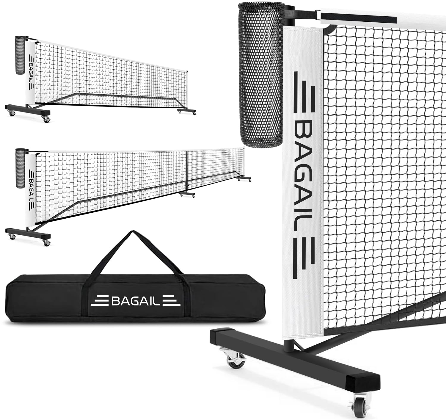 Portable Pickleball Net Set with Wheels, 22 FT Regulation Size & 11 FT Half Court Size 2-in-1 Pickle Ball Net with Ball Collector, Carry Bag, Easy Setup for Outdoor Indoor Driveway