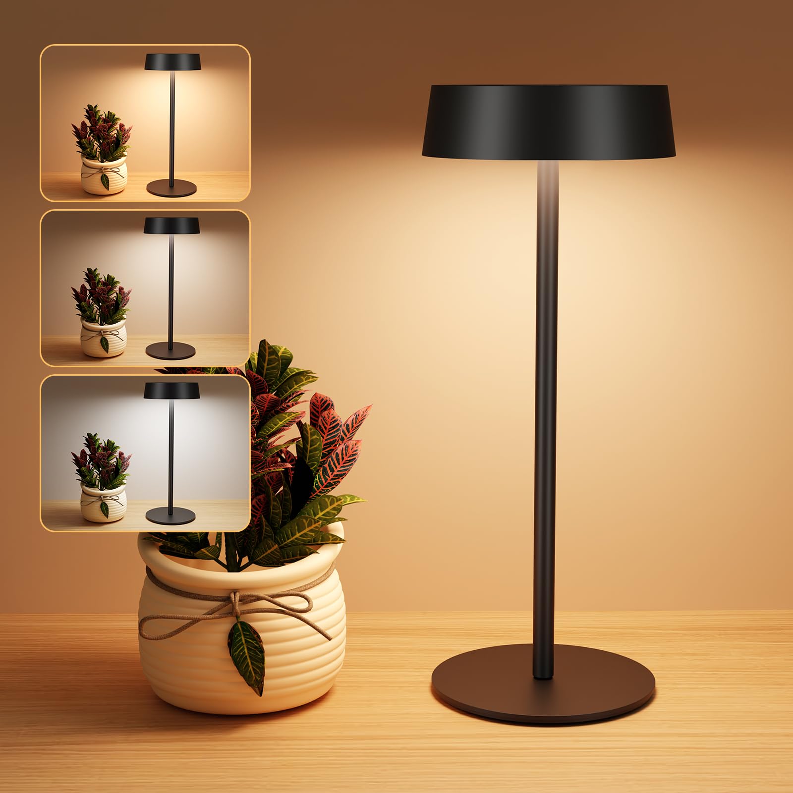 Suright Lámpara de Mesa Solar Sin Cable, Lámpara de Noche Recargable con Energía Solar y USB-C, 3 Modos de Color, Brillo Ajustable, IP65 Resistente al Agua para Uso en Interiores y Exteriores