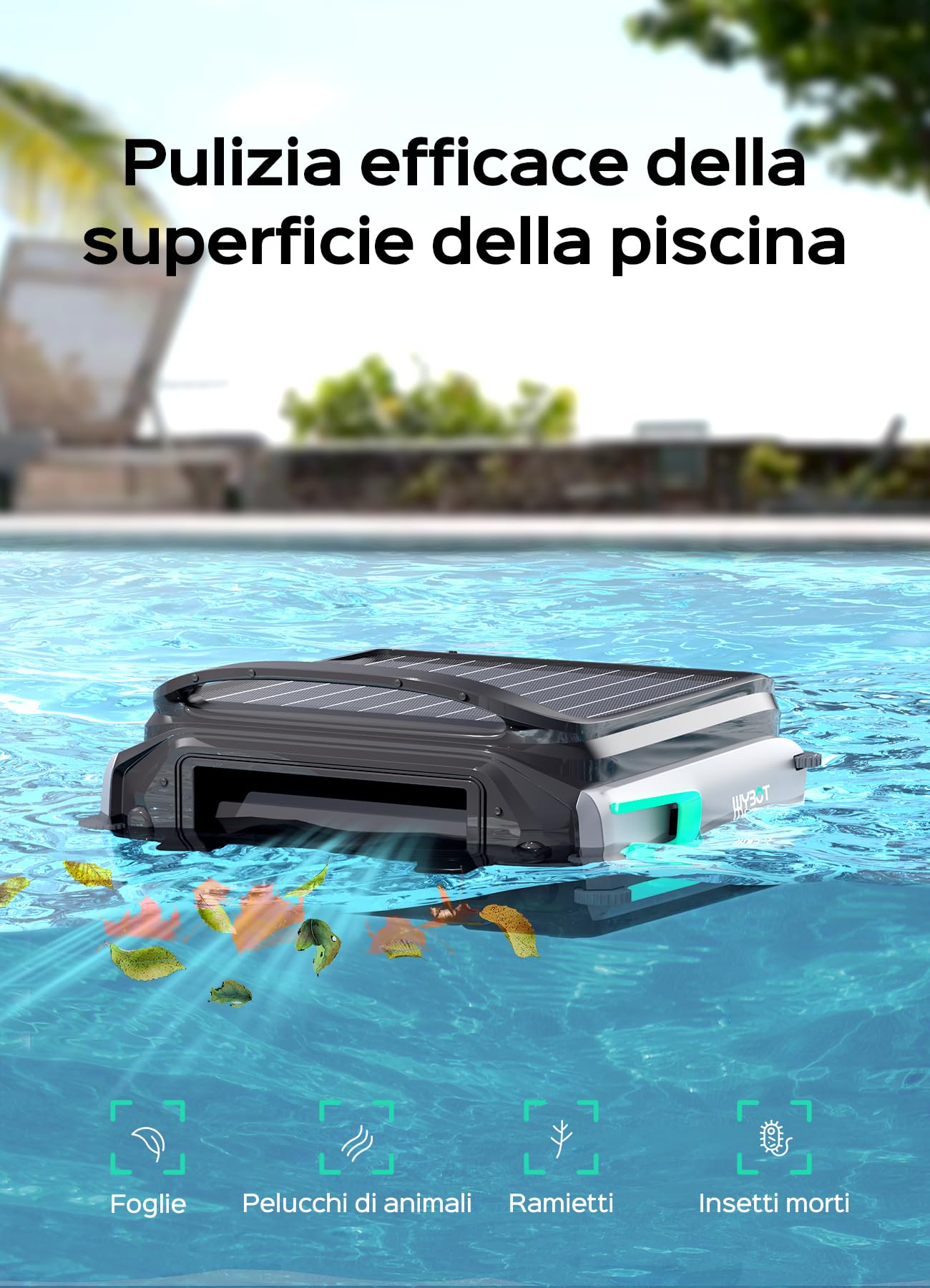 WYBOT F1 Skimmer Piscina Fuori Terra Duale (Solare + Batteria), Pulisce La Superficie dell’Acqua, Controllo Tramite App, Funziona 24h, per Tutti I Tipi di Piscina-Robot Piscina Senza Fili,Verde Oliva