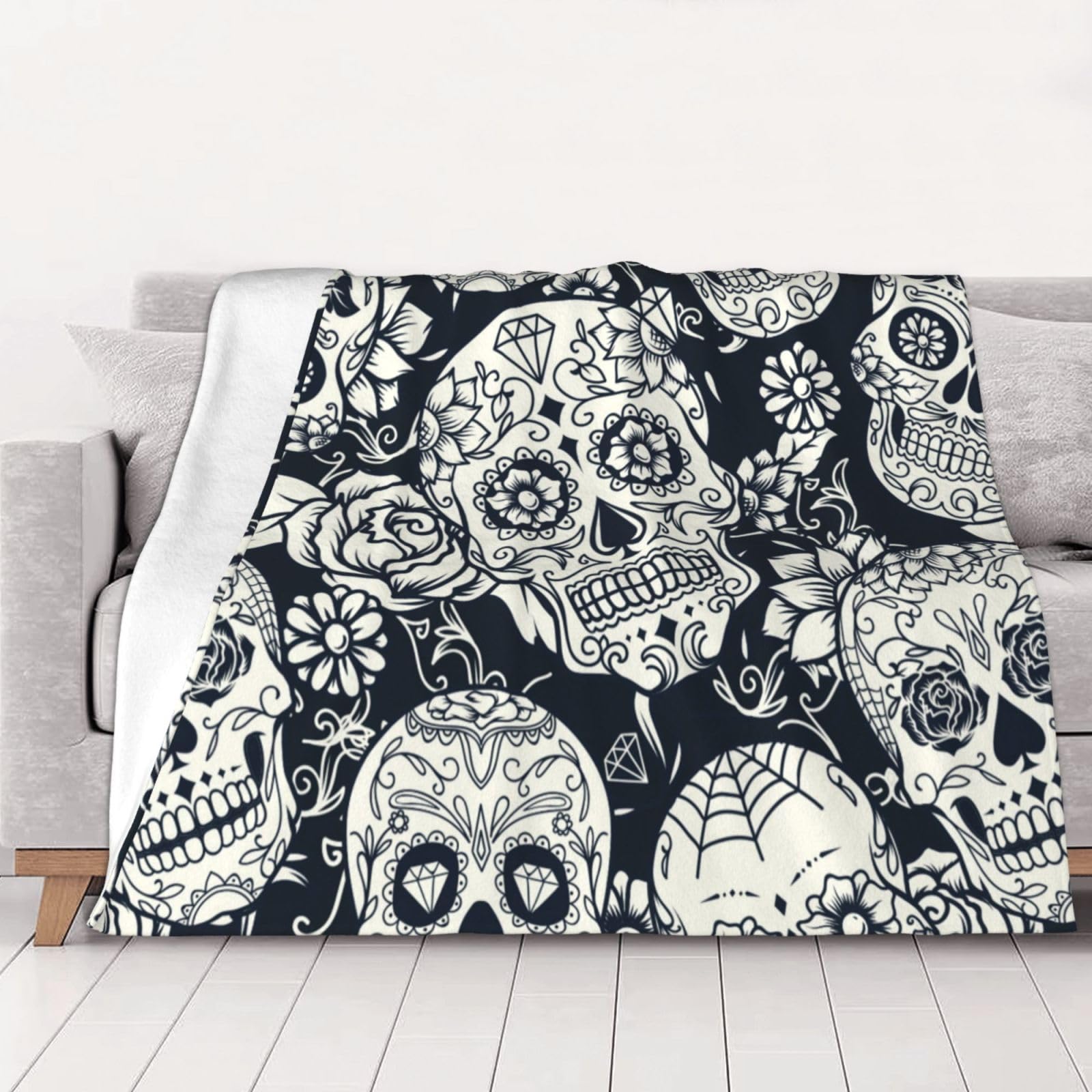 Couverture flanelle tête de mort florale 280 g aux finitions haut de gamme